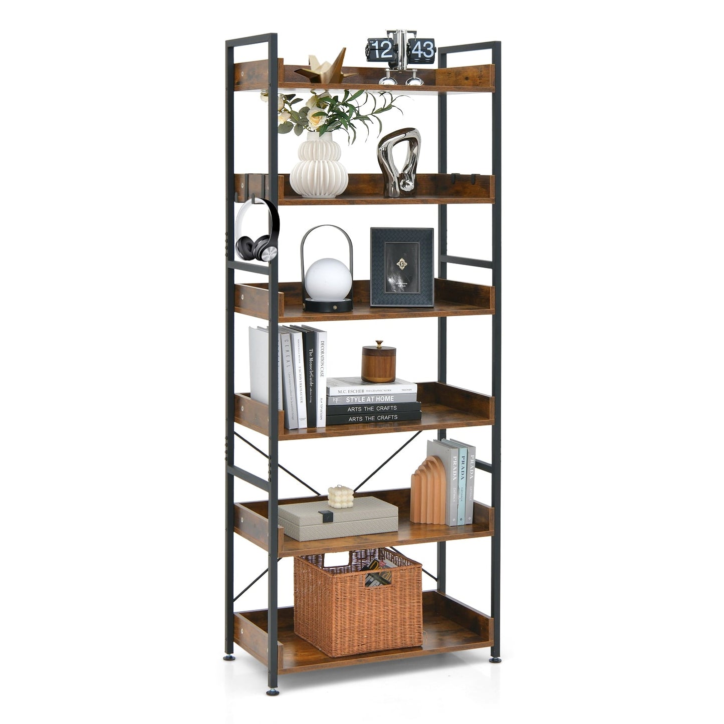 6-Tier Tall Industrial Bookcase with Open Shelves and 4 Hooks-Brown, fully assembled