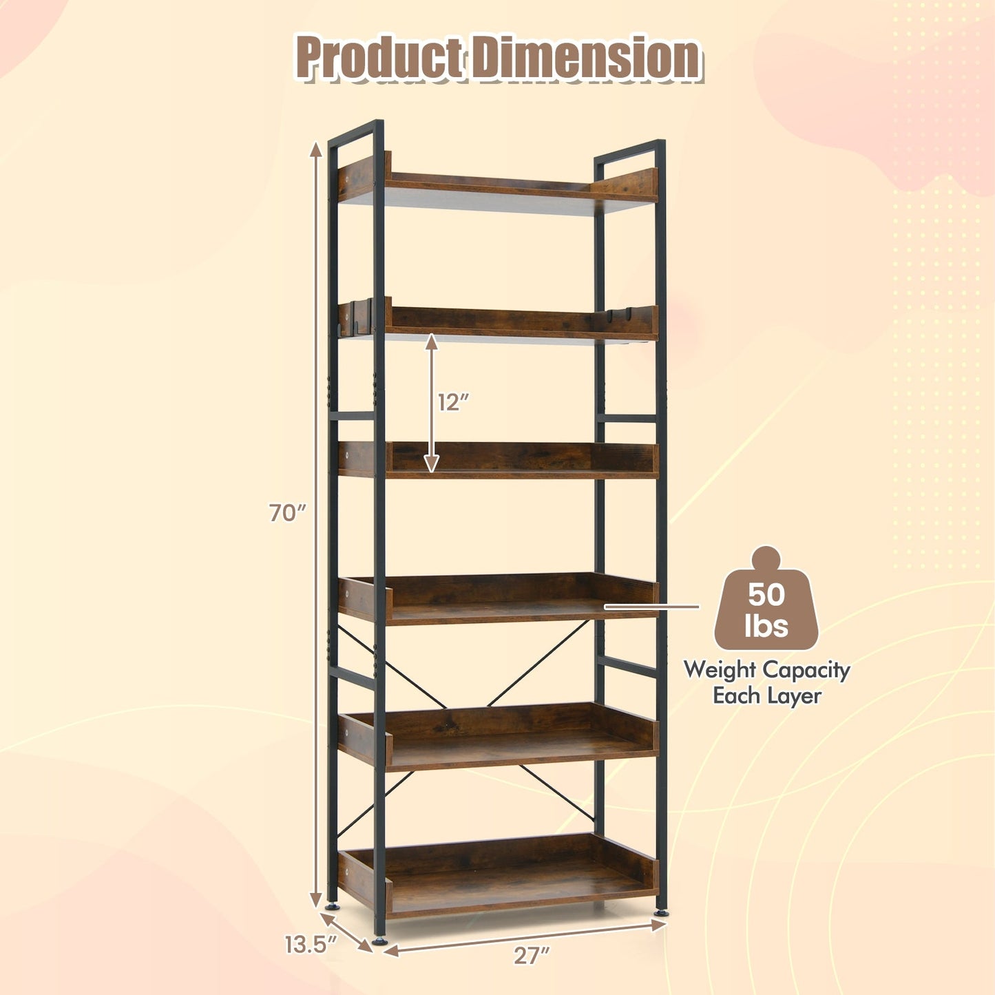 6-Tier Tall Industrial Bookcase with Open Shelves and 4 Hooks-Brown, fully assembled