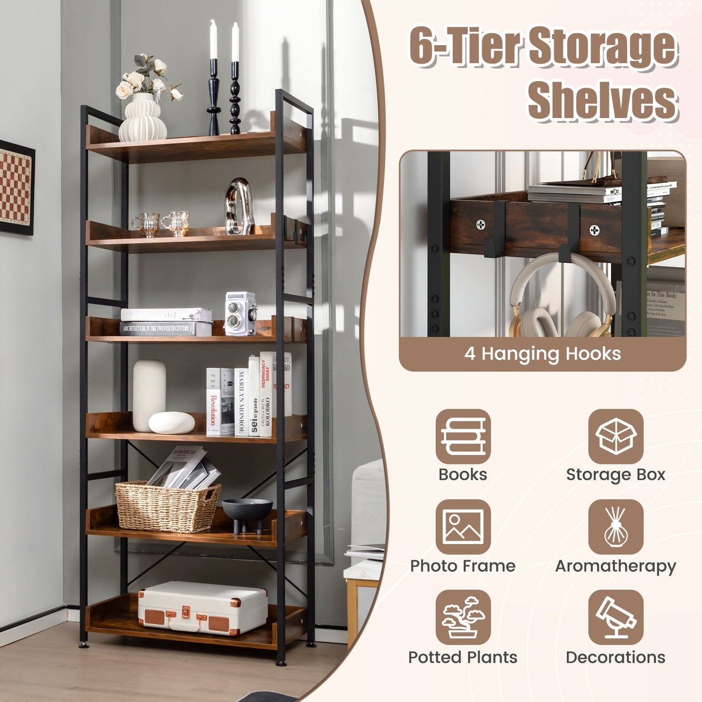 6-Tier Tall Industrial Bookcase with Open Shelves and 4 Hooks-Brown, fully assembled