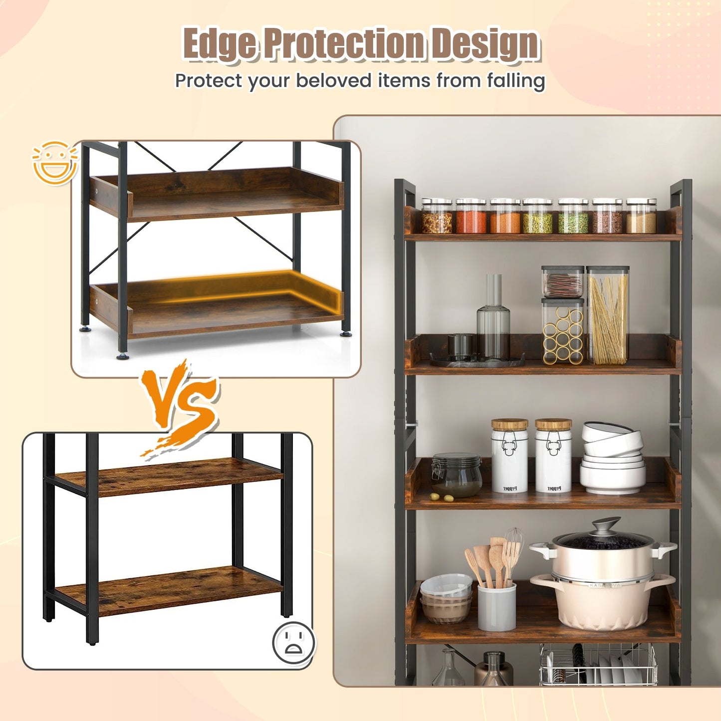 6-Tier Tall Industrial Bookcase with Open Shelves and 4 Hooks-Brown, fully assembled