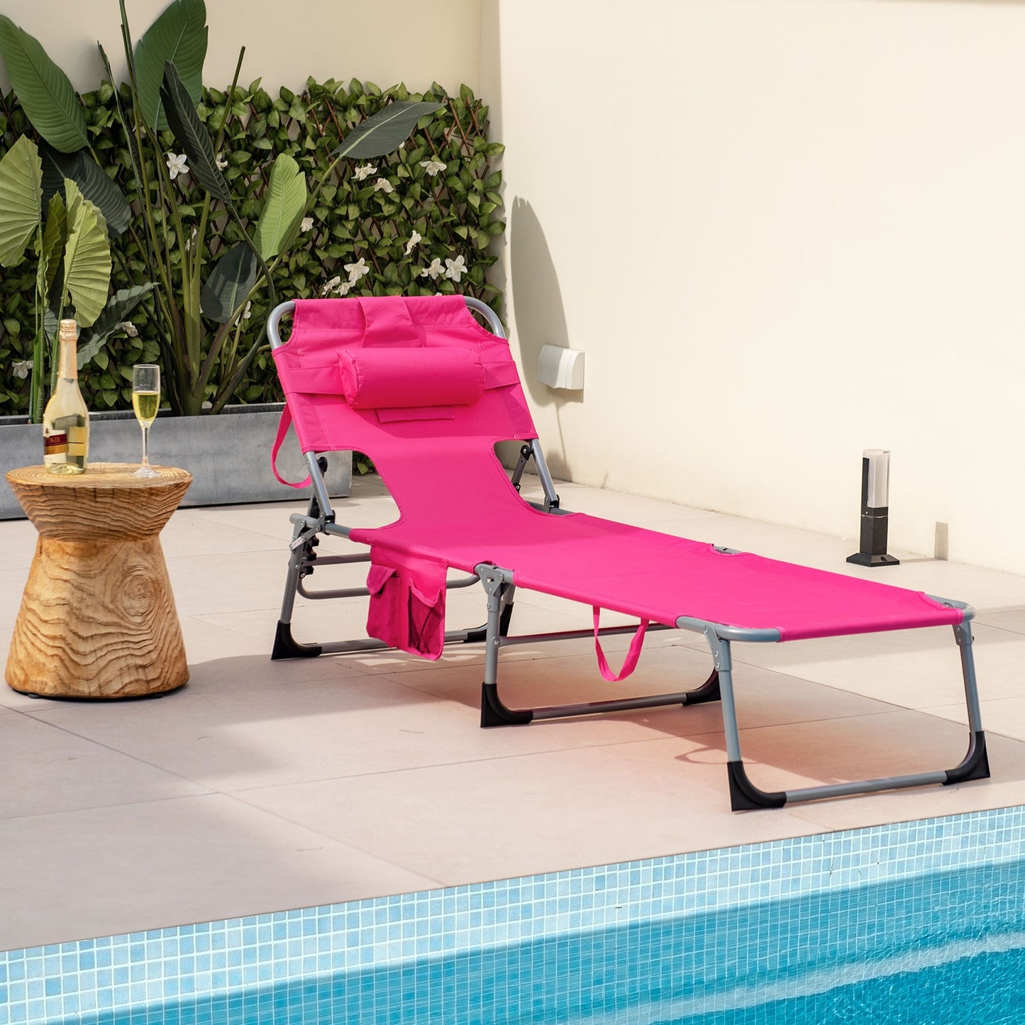 No TAX - Folding Beach Lounge Chair with Pillow for Outdoor-Pink