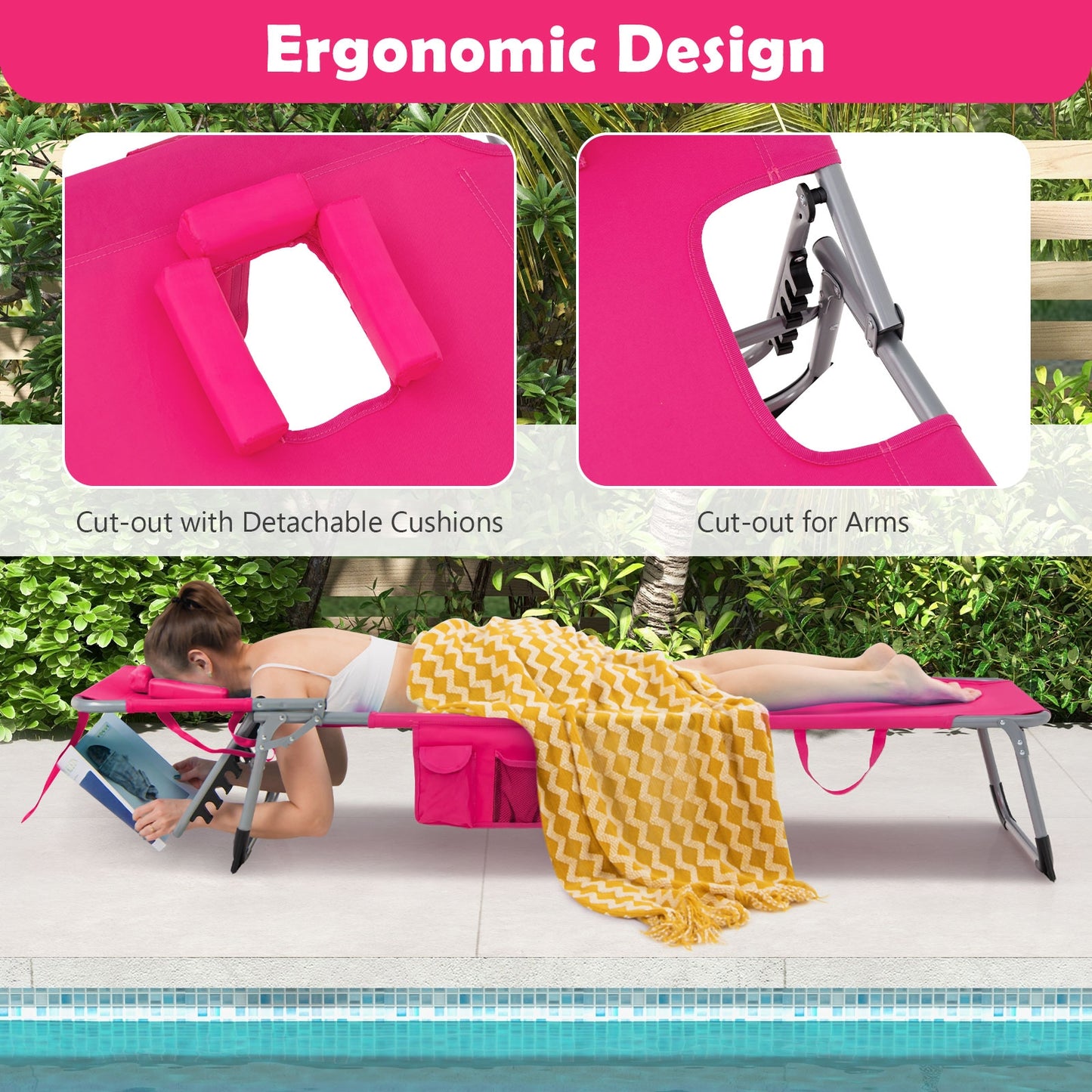 No TAX - Folding Beach Lounge Chair with Pillow for Outdoor-Pink