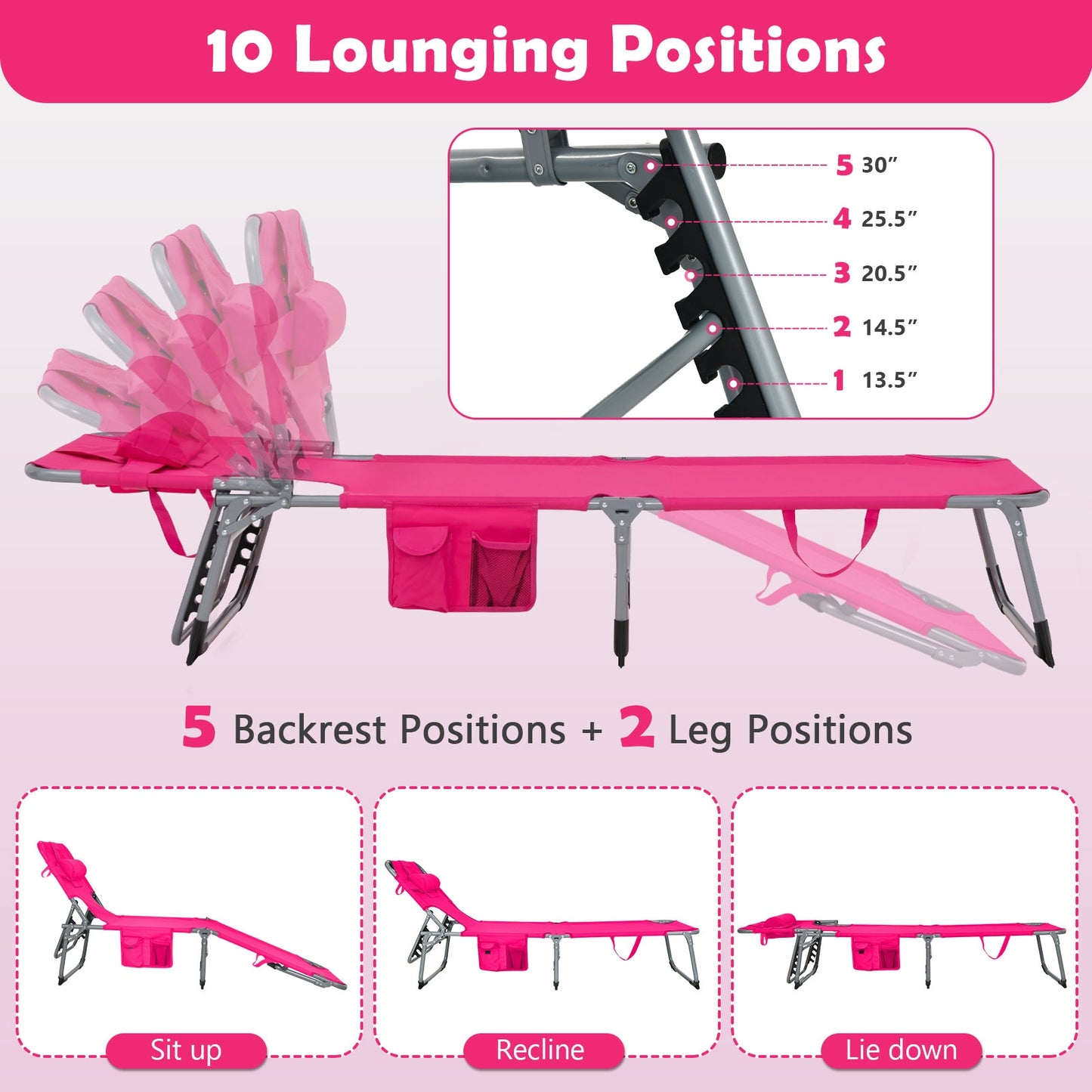 No TAX - Folding Beach Lounge Chair with Pillow for Outdoor-Pink