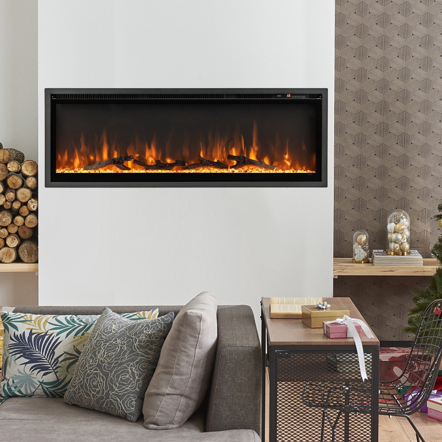 50 Inches Electric Fireplace in-Wall Recessed with Remote Control and Adjustable Color and Brightness-50 inches (1 Box)