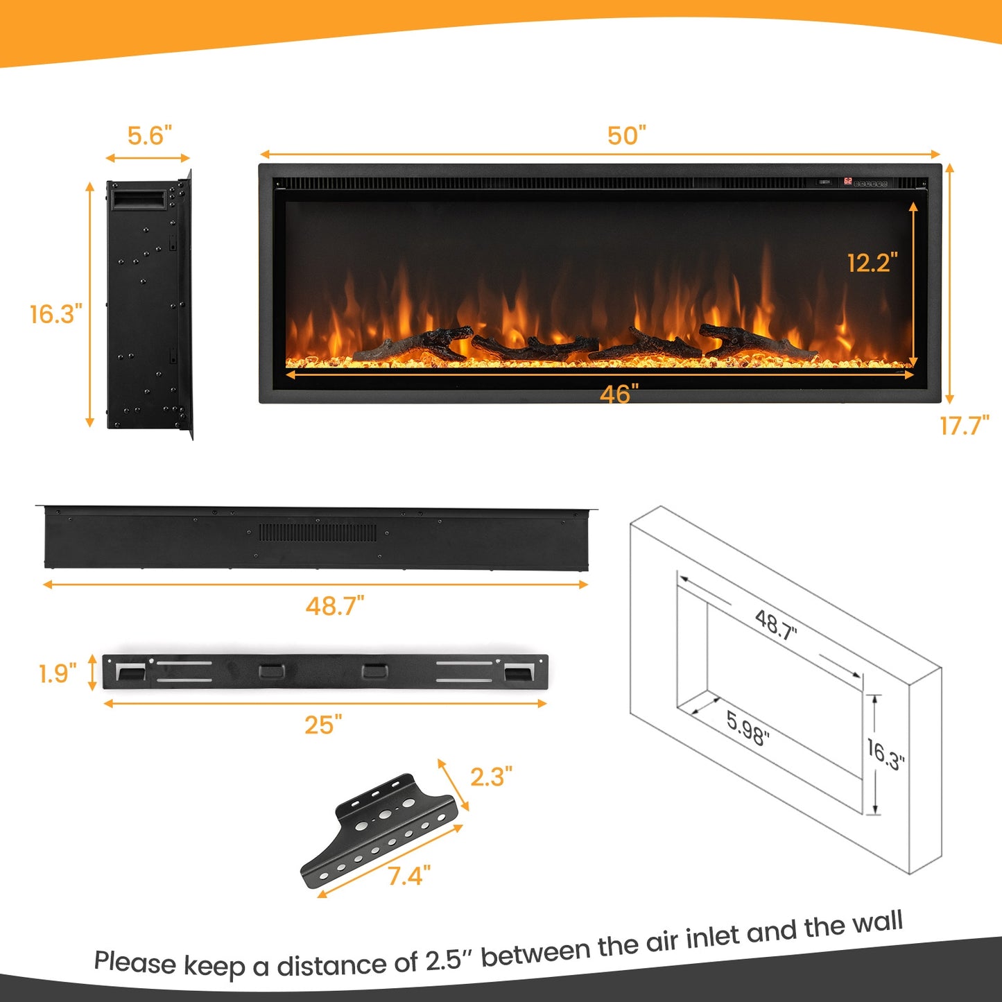 50 Inches Electric Fireplace in-Wall Recessed with Remote Control and Adjustable Color and Brightness-50 inches (1 Box)