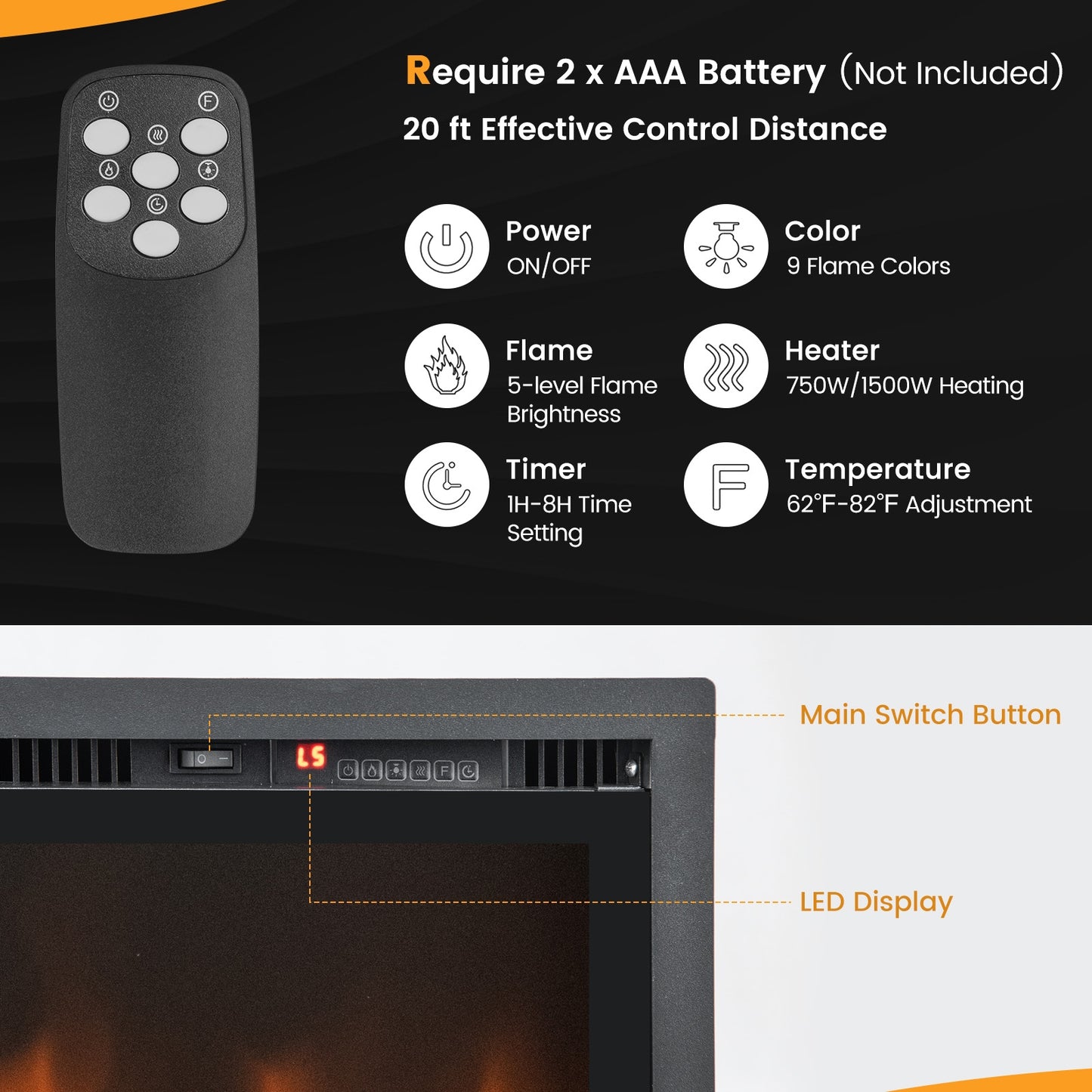 50 Inches Electric Fireplace in-Wall Recessed with Remote Control and Adjustable Color and Brightness-50 inches (1 Box)