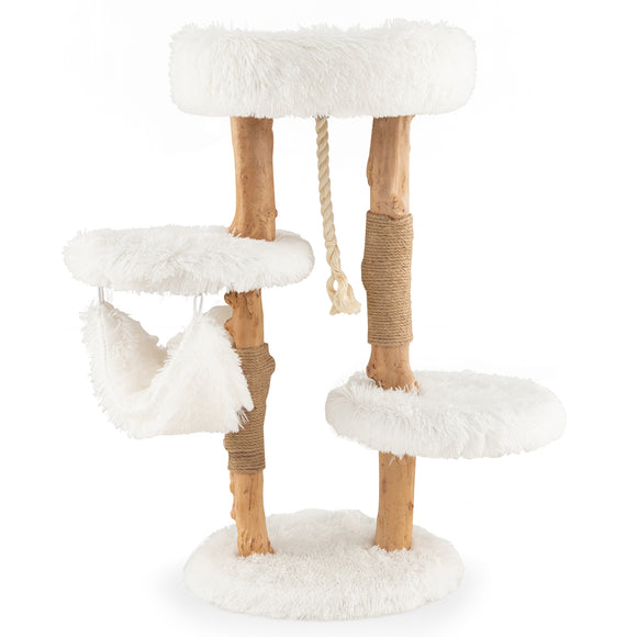 Solid Wood Cat Tower with Jute Scratching Posts and Hanging Rope for Indoor Cats (Fully Assembled)