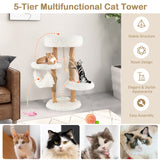 Solid Wood Cat Tower with Jute Scratching Posts and Hanging Rope for Indoor Cats (Fully Assembled)