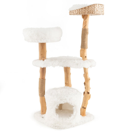 Solid Wood Cat Tower with Top Cattail Basket Cat Bed for Indoor Cats-White (Copy)