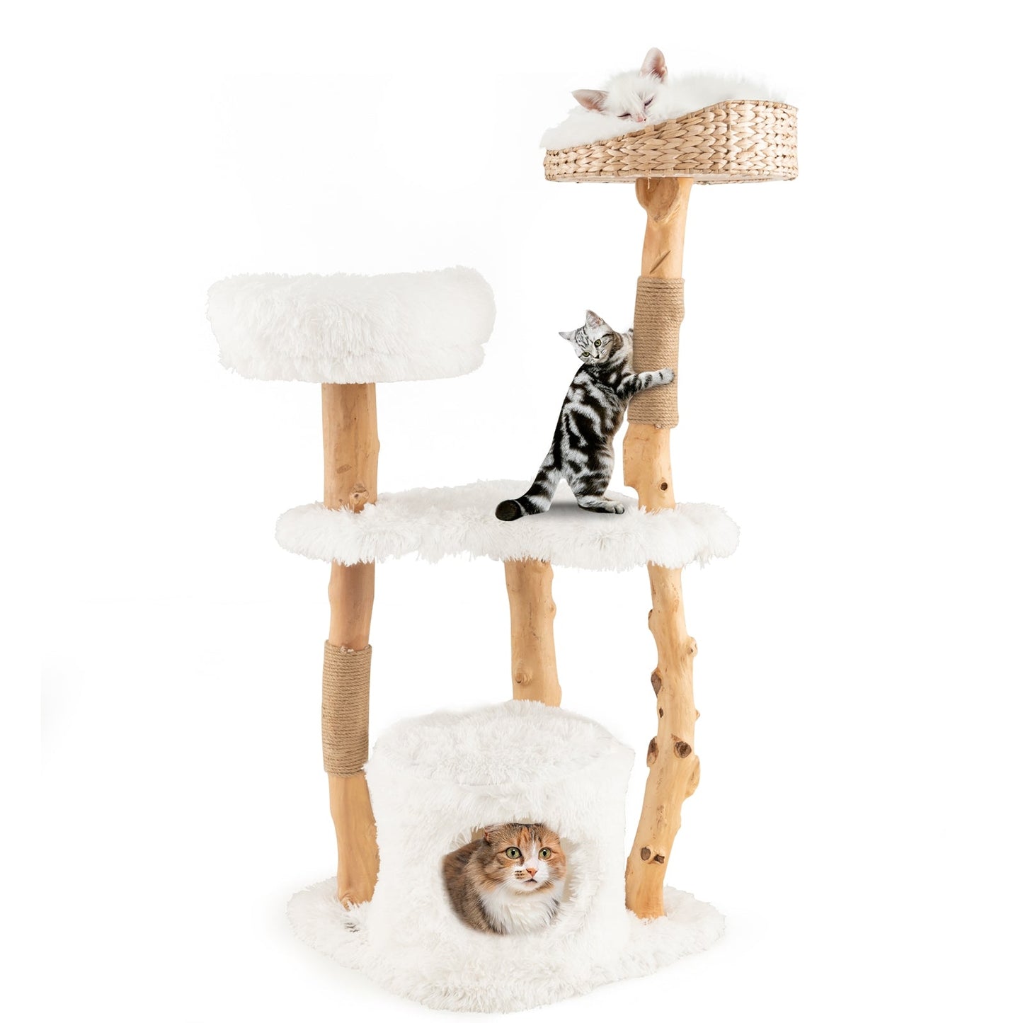 Solid Wood Cat Tower with Top Cattail Basket Cat Bed for Indoor Cats-White (Copy)