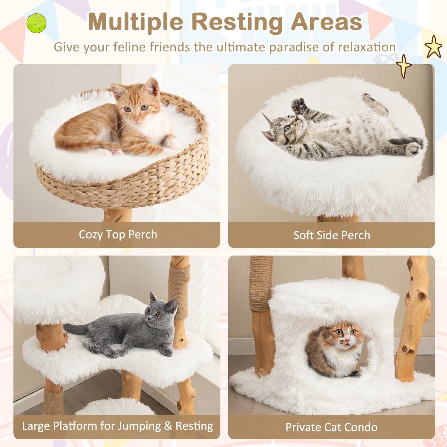 Solid Wood Cat Tower with Top Cattail Basket Cat Bed for Indoor Cats-White (Copy)