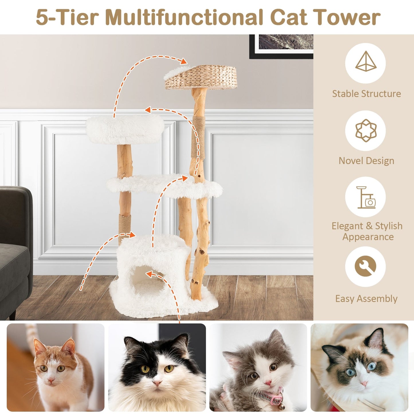 Solid Wood Cat Tower with Top Cattail Basket Cat Bed for Indoor Cats-White (Copy)