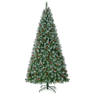 Snow flocked, Berries, Pine Cone Christmas Tree with Warm White LED Lights-9 ft