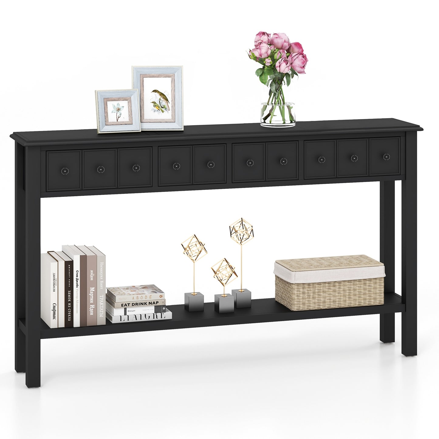 SPECIAL - 60 Inch Sofa Table with 4 Drawers and Open Shelf-Black (Shipping Damage)