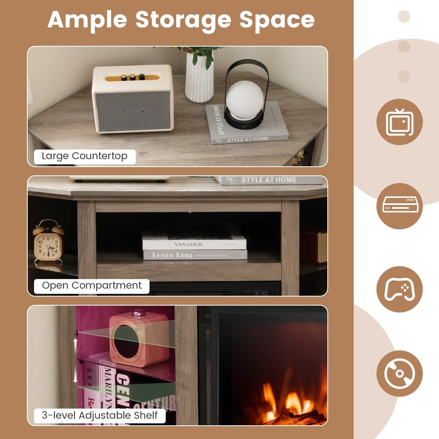 Fireplace Corner TV Stand with LED Lights and Smart APP Control for 50 Inches TV-Gray (Scratch and Dent)