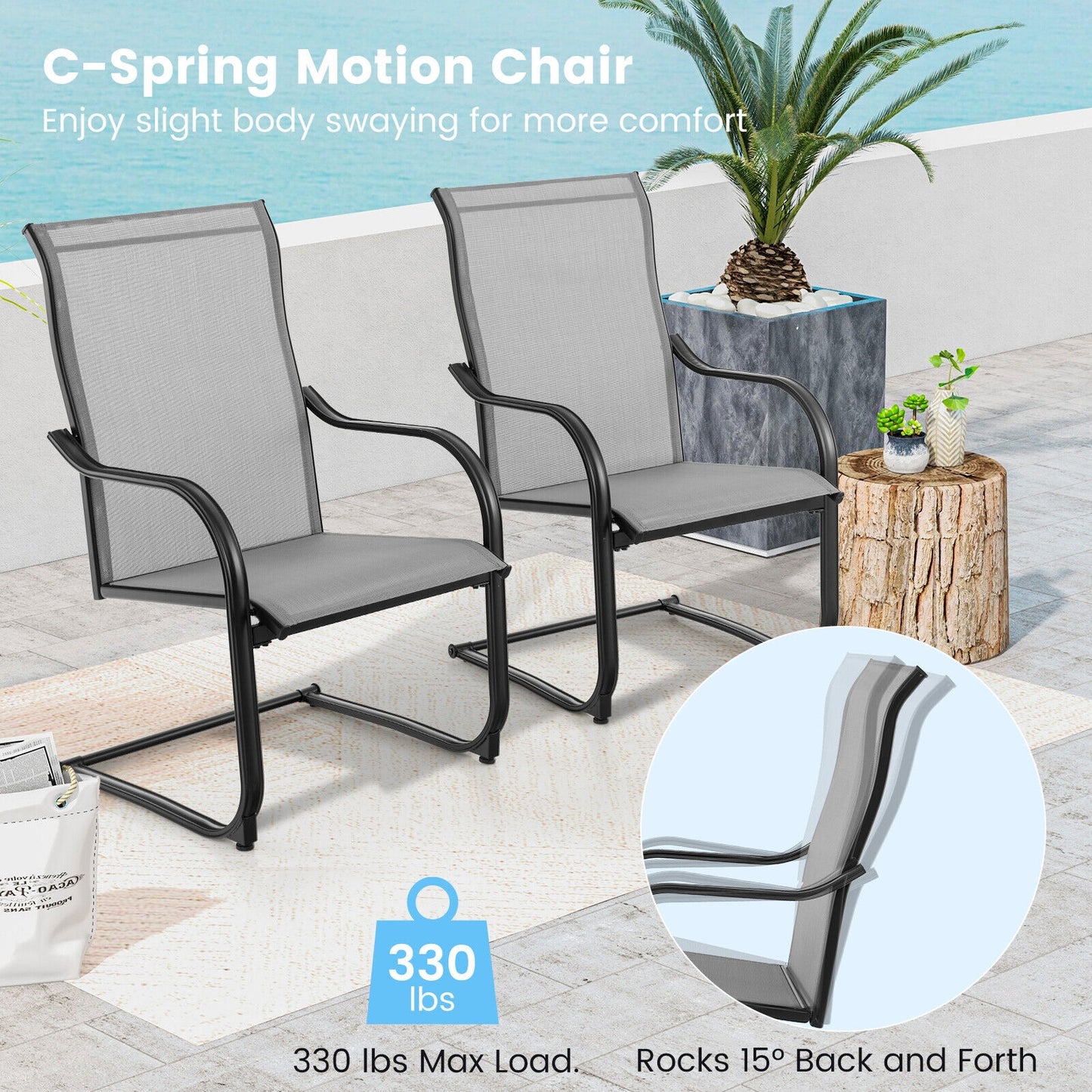 Set of 2, C-Spring Motion Patio Dining Chairs with Breathable Fabric-Gray
