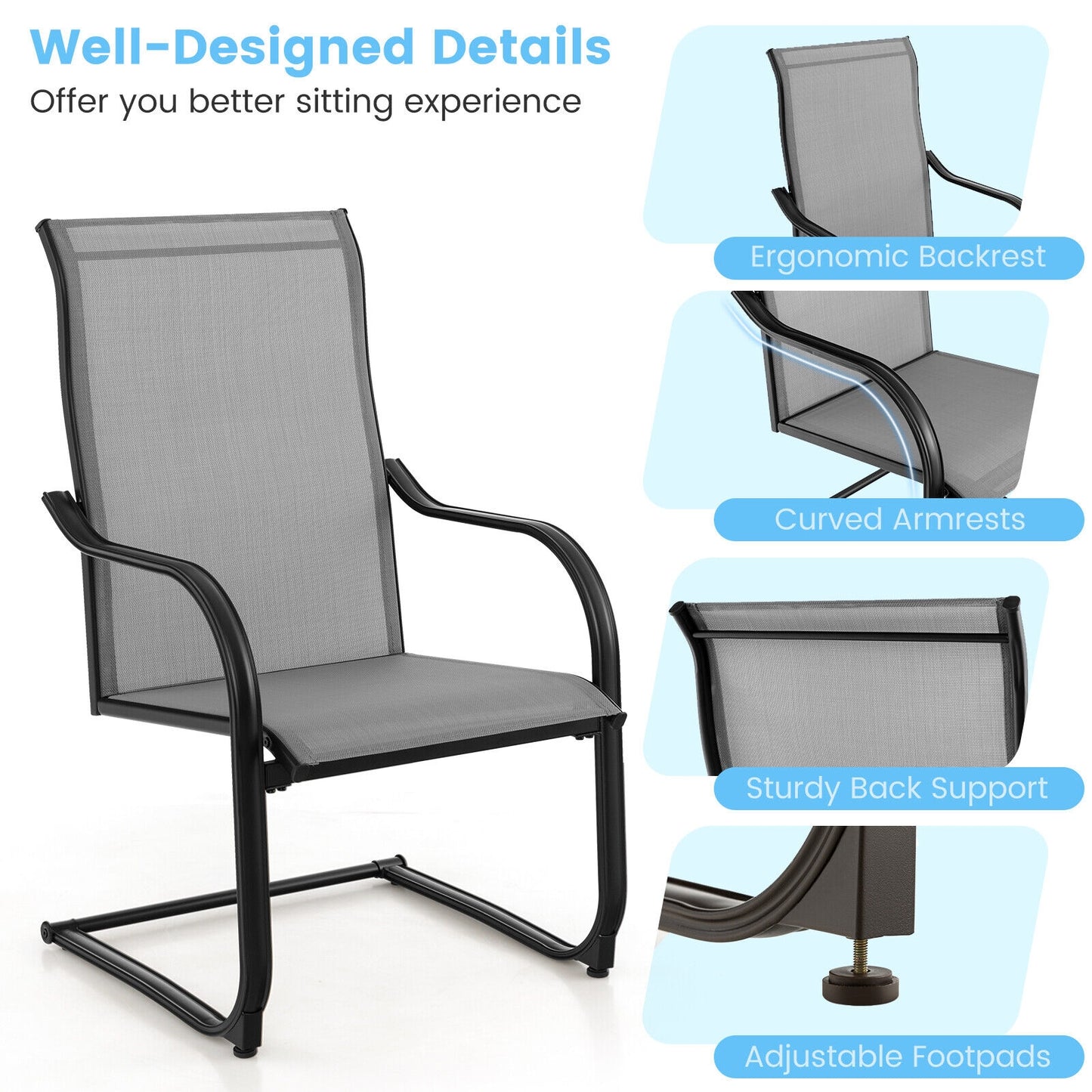 Set of 2, C-Spring Motion Patio Dining Chairs with Breathable Fabric-Gray