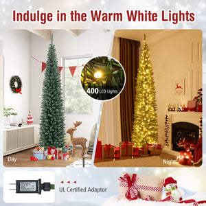 9 Feet Pre-lit Extra thin Pencil  tree with 400 Warm White LED Lights