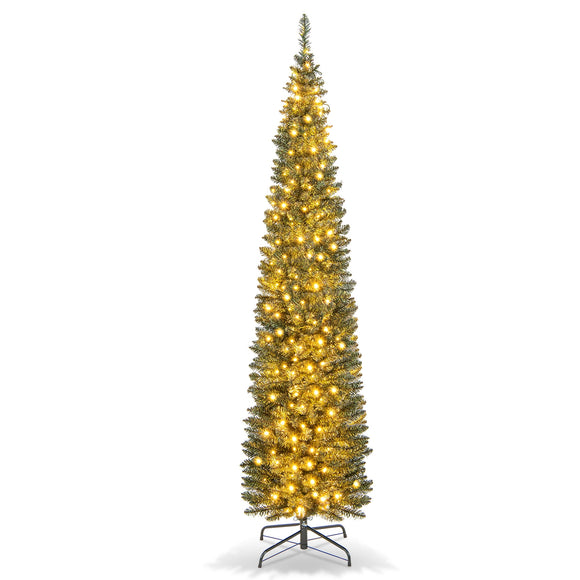 7 Feet Pre-lit Pencil Artificial Christmas Tree with 200 White LED Lights-7 ft