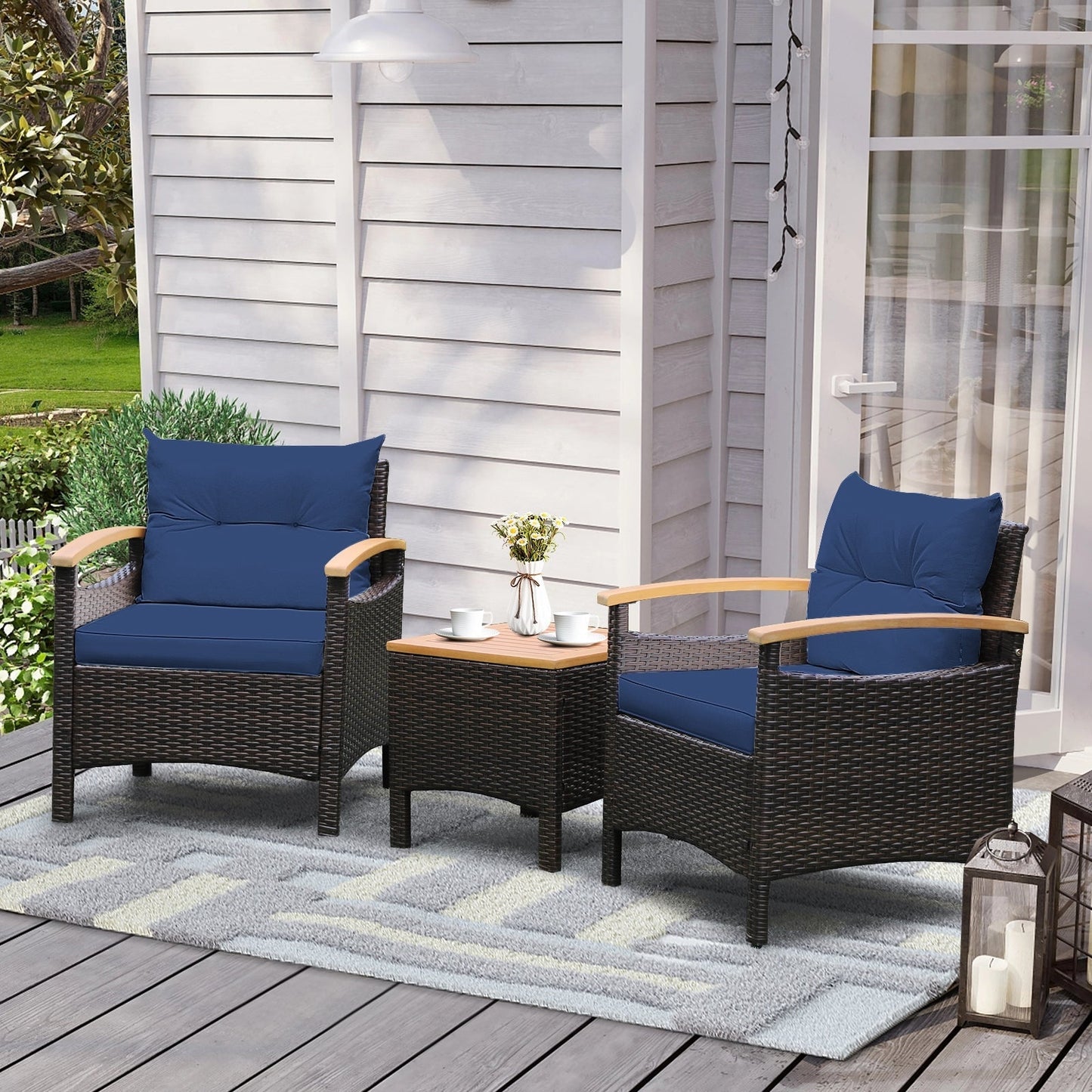 3 Pieces Patio Rattan Furniture Set with Removable Cushion-Navy - Unassembled (1 Box)
