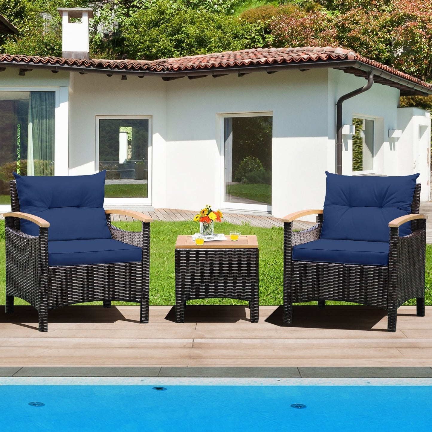 3 Pieces Patio Rattan Furniture Set with Removable Cushion-Navy - Unassembled (1 Box)