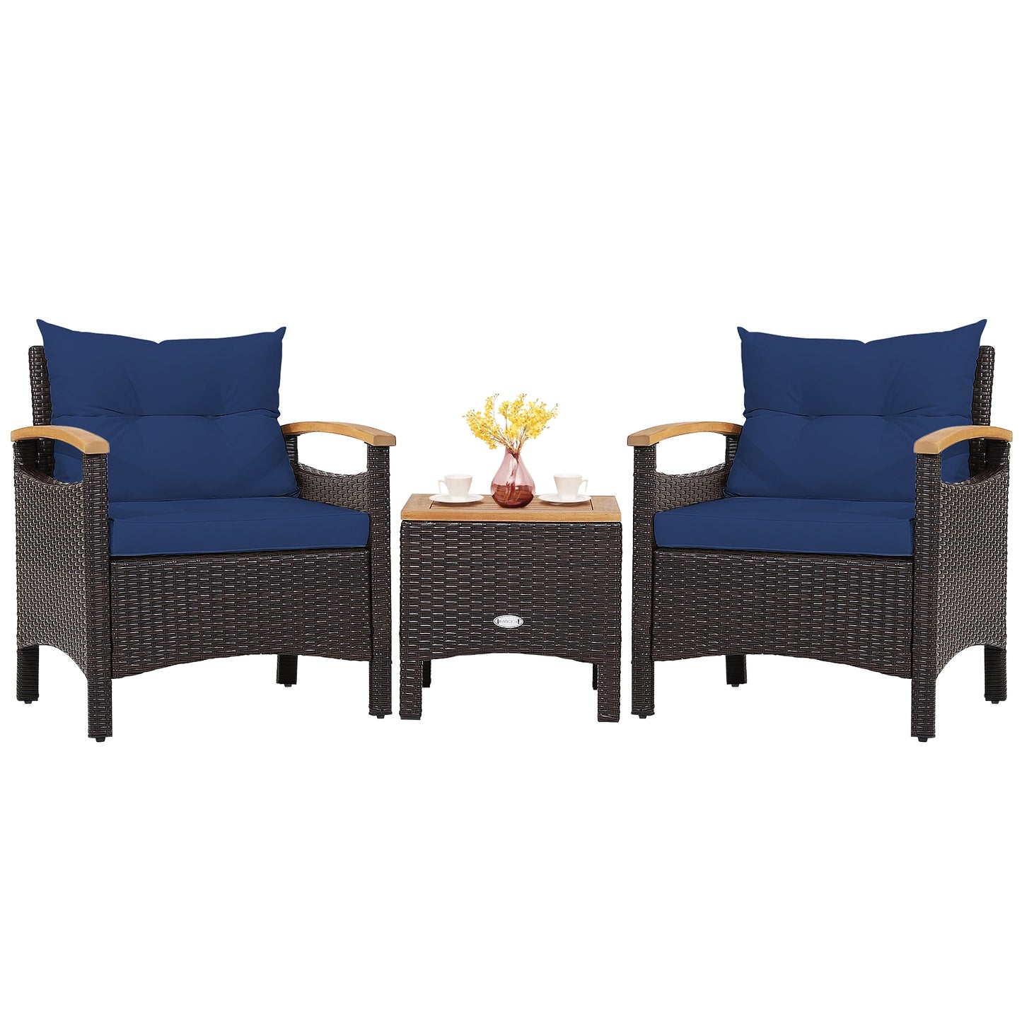 3 Pieces Patio Rattan Furniture Set with Removable Cushion-Navy (Assembled)
