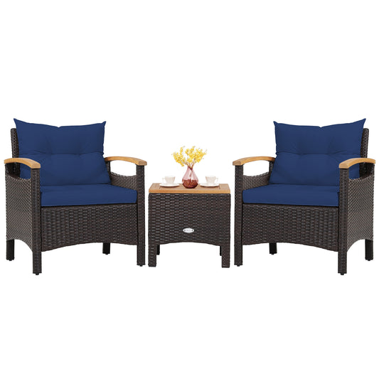 3 Pieces Patio Rattan Furniture Set with Removable Cushion-Navy