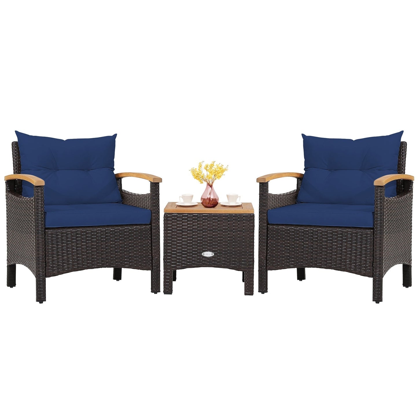 3 Pieces Patio Rattan Furniture Set with Removable Cushion-Navy - Assembled