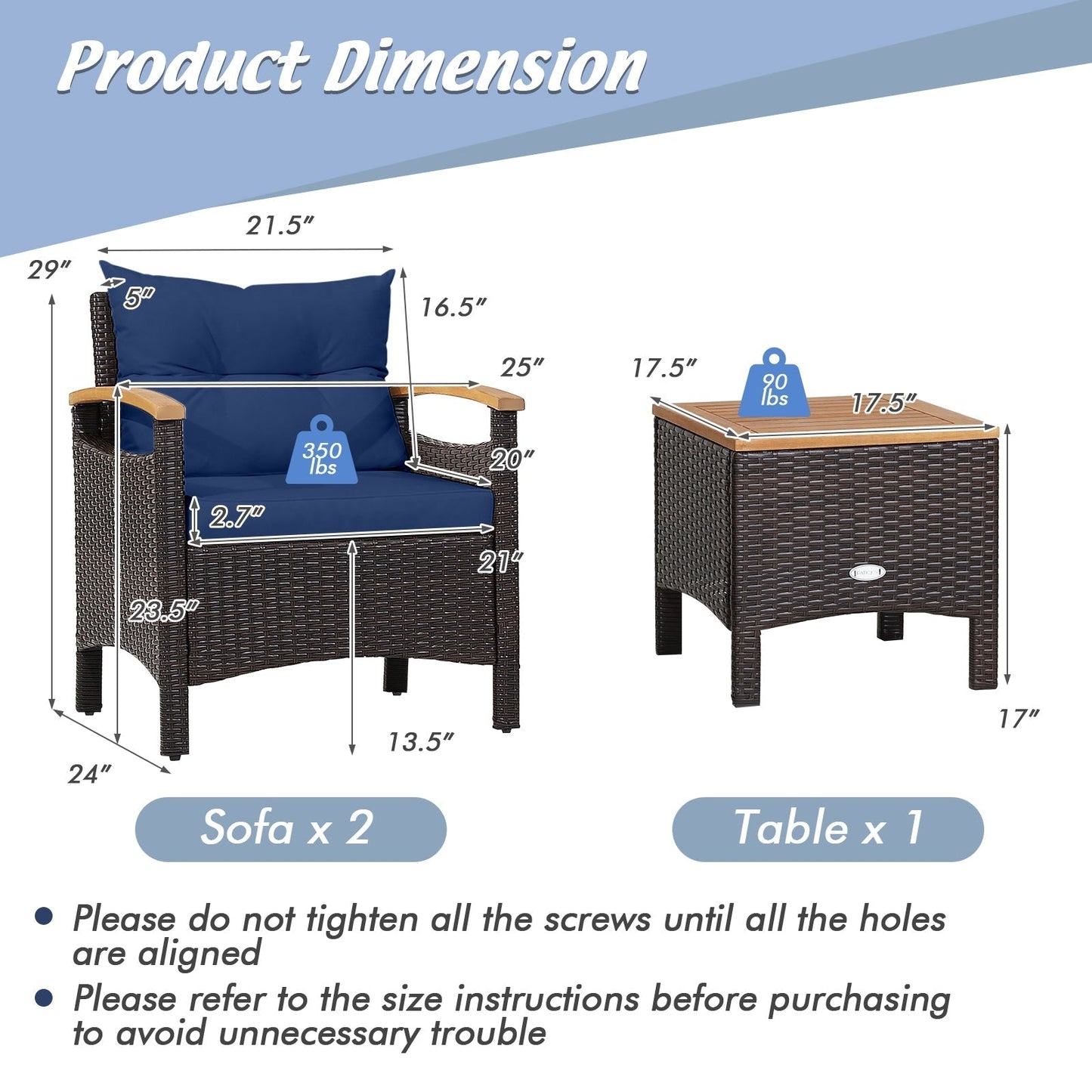 3 Pieces Patio Rattan Furniture Set with Removable Cushion-Navy - Assembled