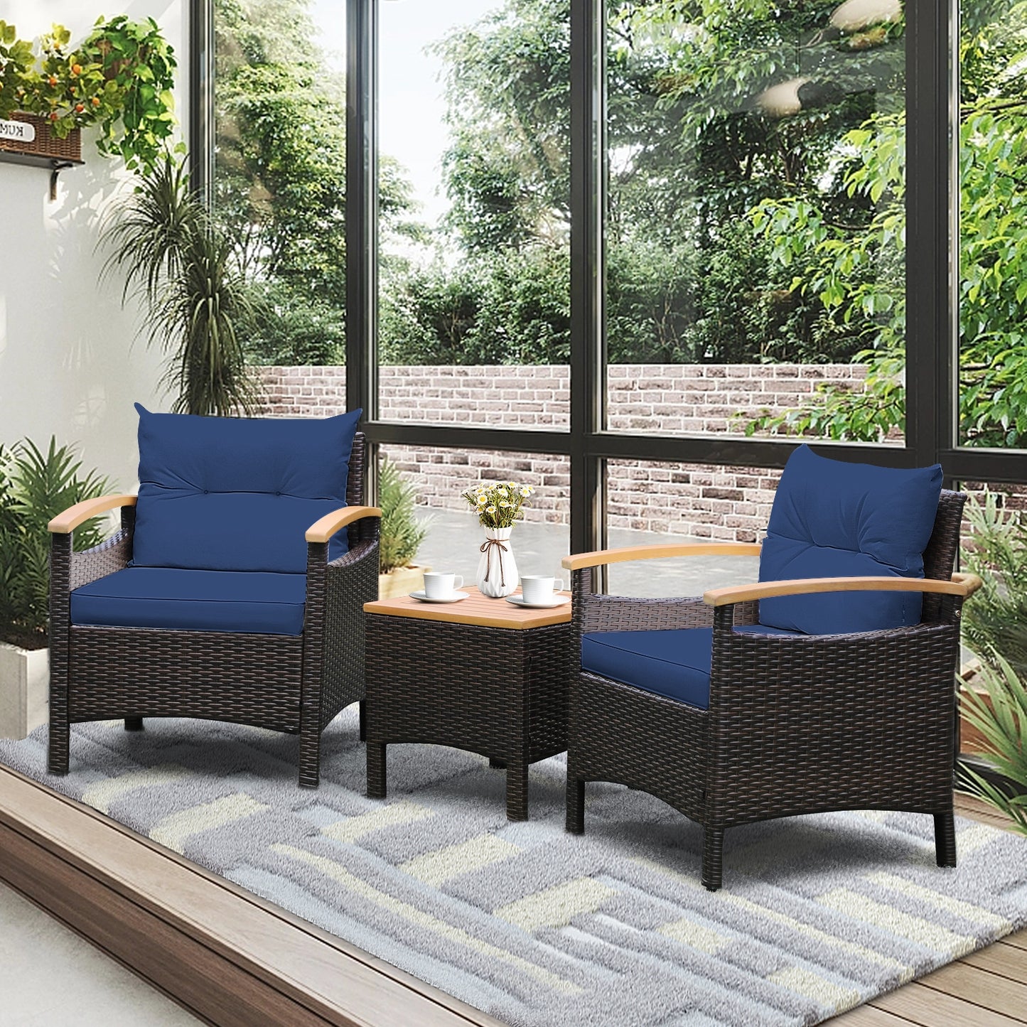 3 Pieces Patio Rattan Furniture Set with Removable Cushion-Navy (Assembled)