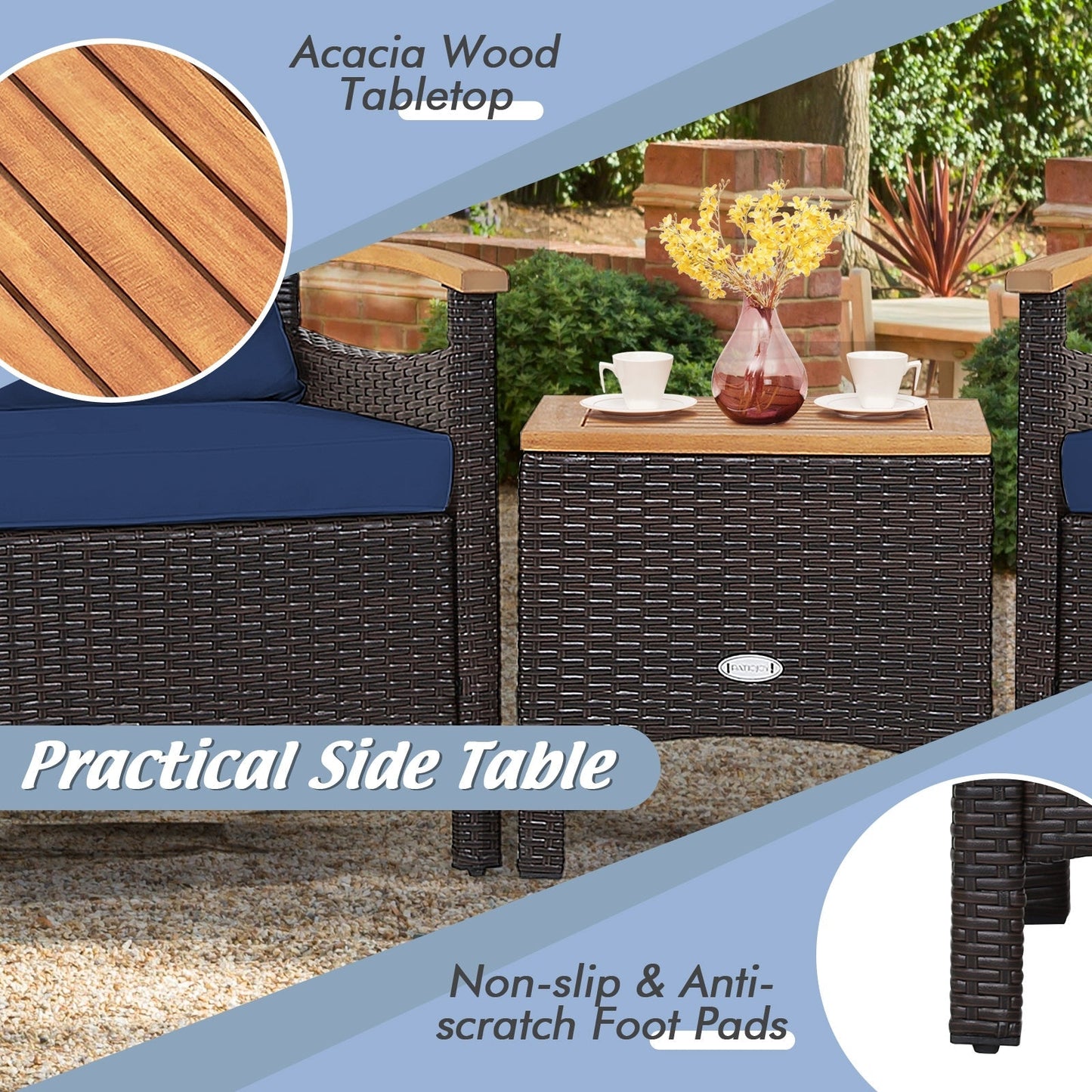 3 Pieces Patio Rattan Furniture Set with Removable Cushion-Navy - Assembled