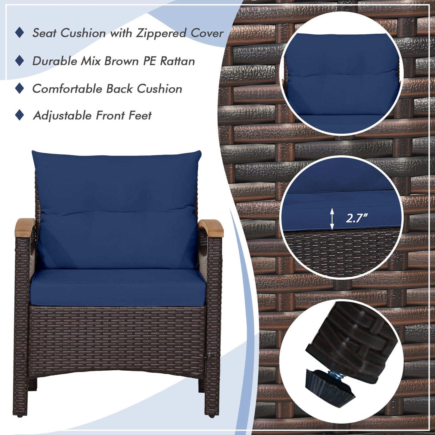 3 Pieces Patio Rattan Furniture Set with Removable Cushion-Navy - Unassembled (1 Box)