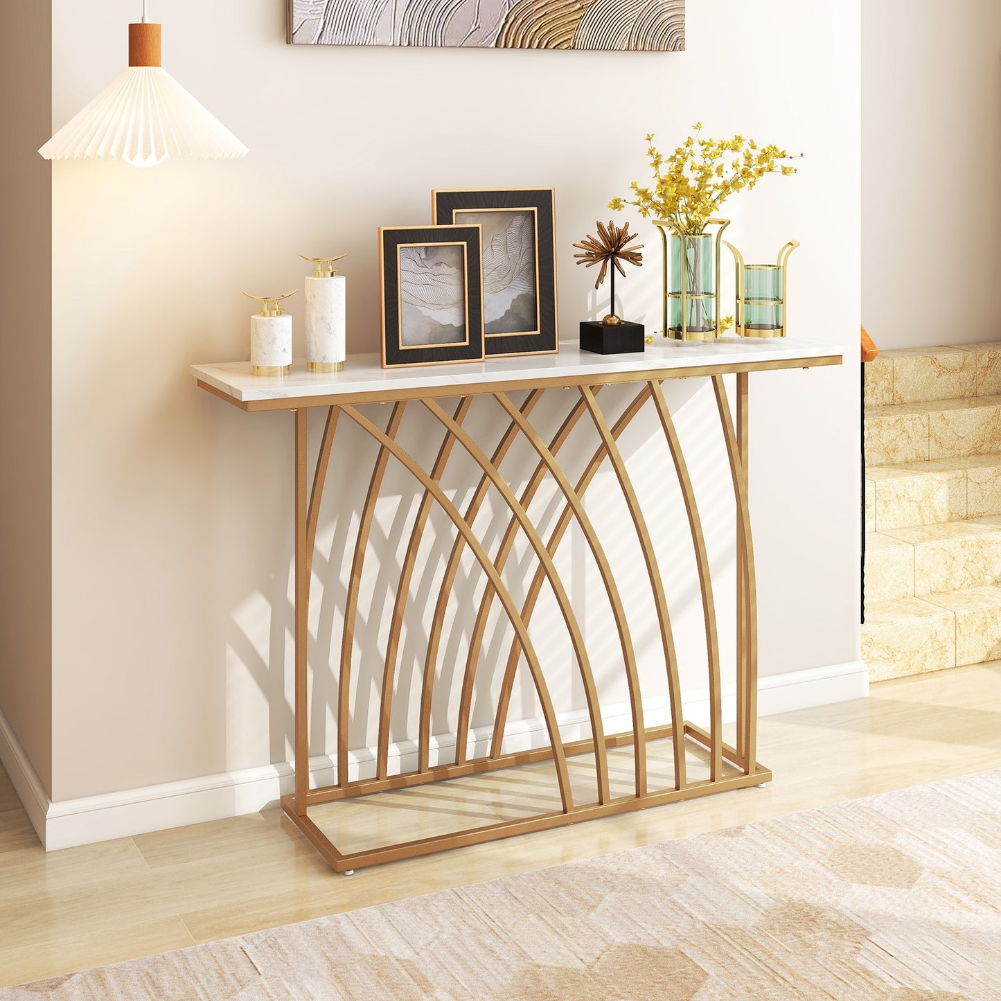 48" Gold Console Table with White Faux Marble Tabletop-White, Fully Assembled