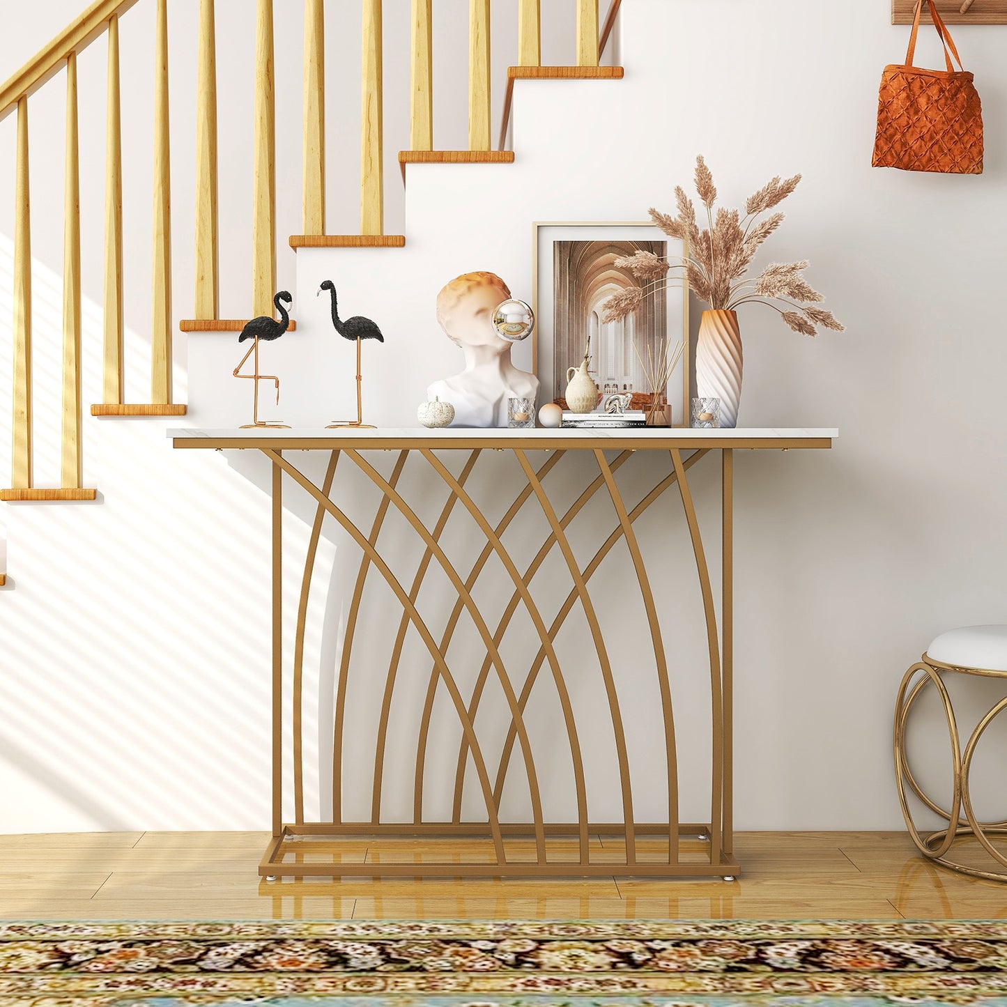48" Gold Console Table with White Faux Marble Tabletop-White, Fully Assembled