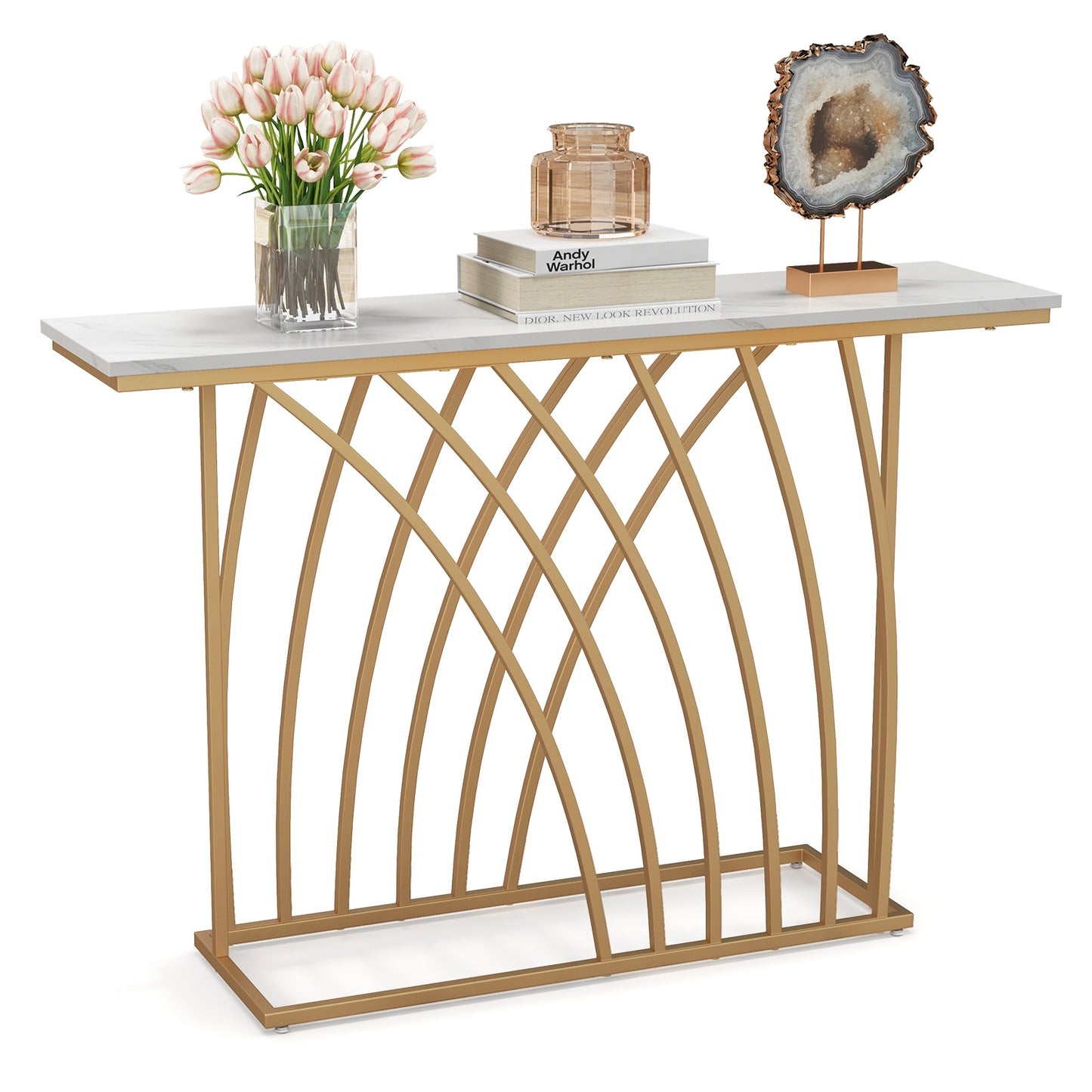 48" Gold Console Table with White Faux Marble Tabletop-White, Fully Assembled
