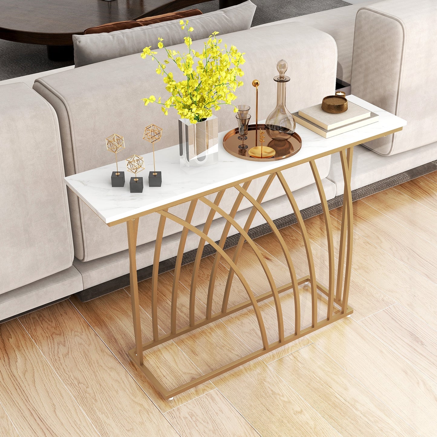 48" Gold Console Table with White Faux Marble Tabletop-White, Fully Assembled