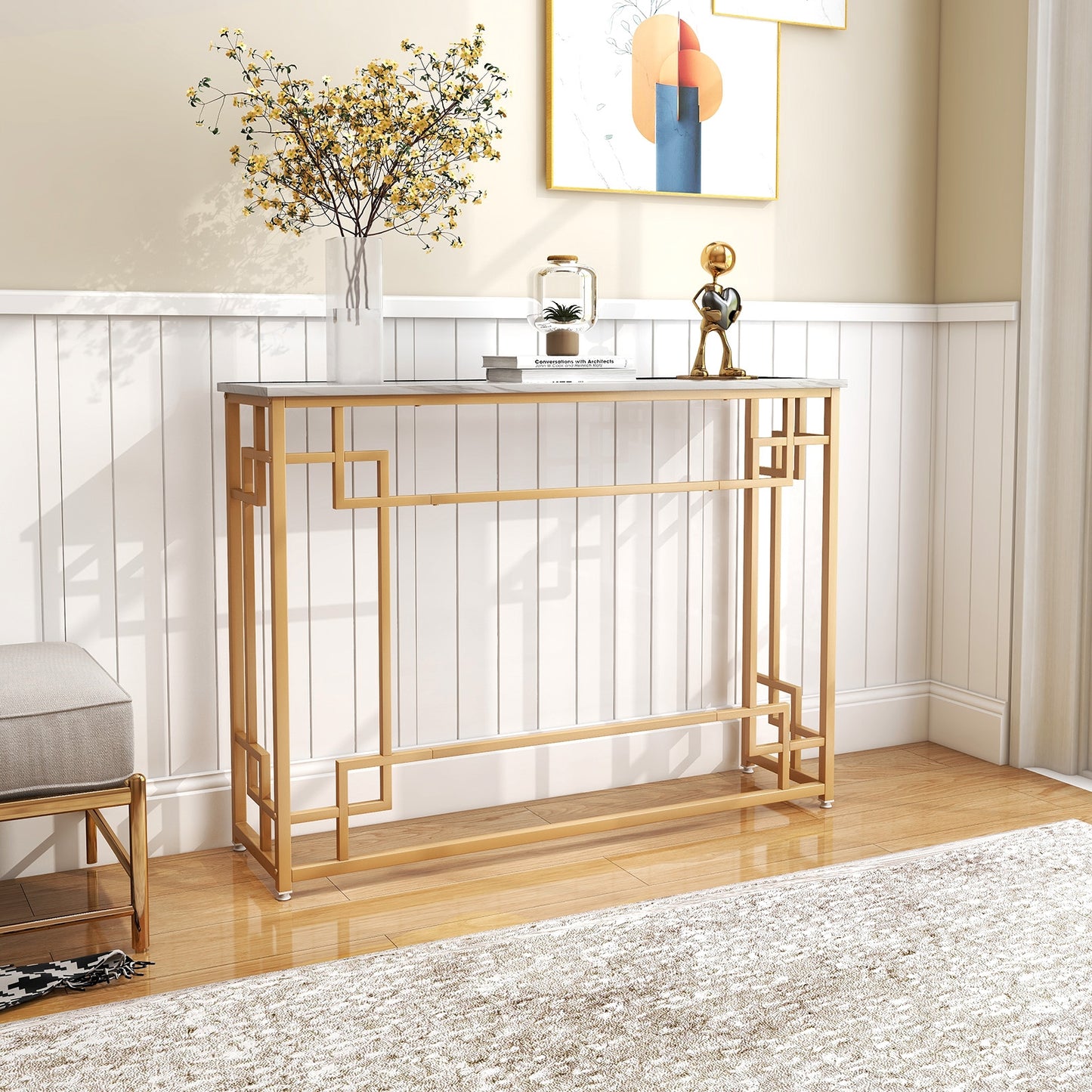 Modern Console Table with Geometric Frame and Faux Marble Tabletop-White, Fully Assembled