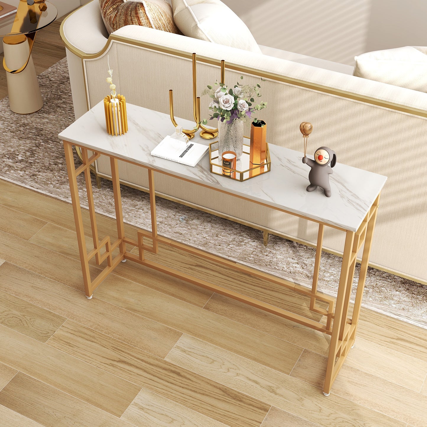 Modern Console Table with Geometric Frame and Faux Marble Tabletop-White, Fully Assembled