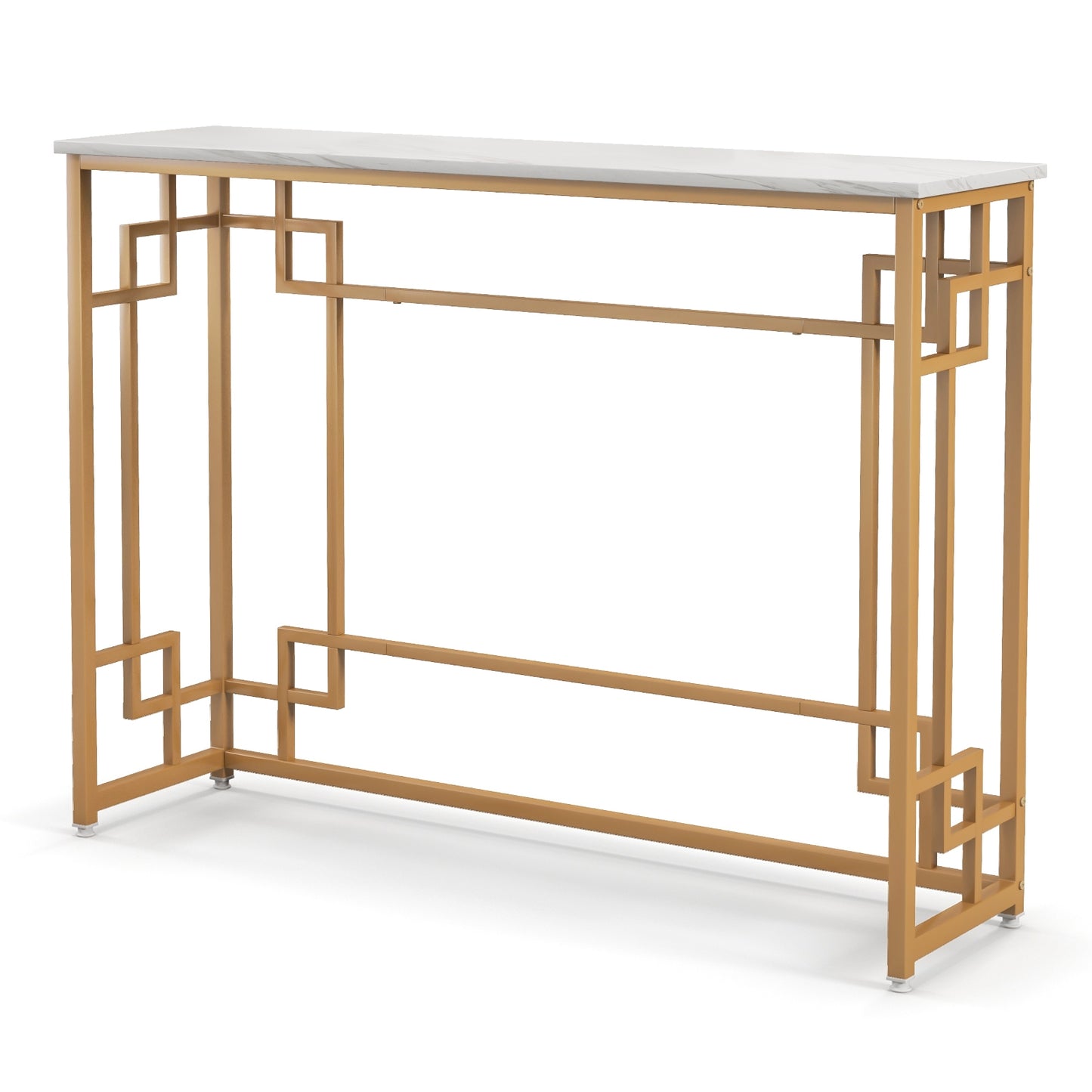 Modern Console Table with Geometric Frame and Faux Marble Tabletop-White, Fully Assembled