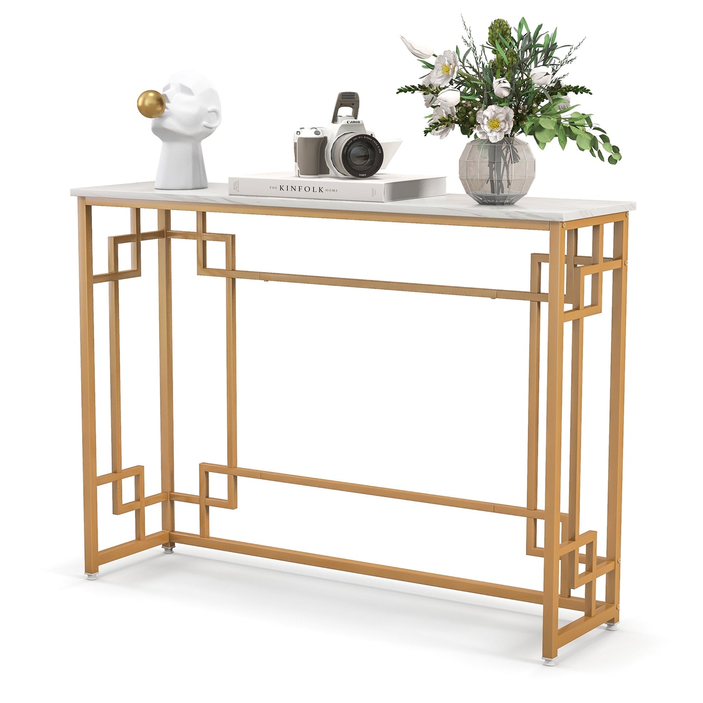 Modern Console Table with Geometric Frame and Faux Marble Tabletop-White, Fully Assembled