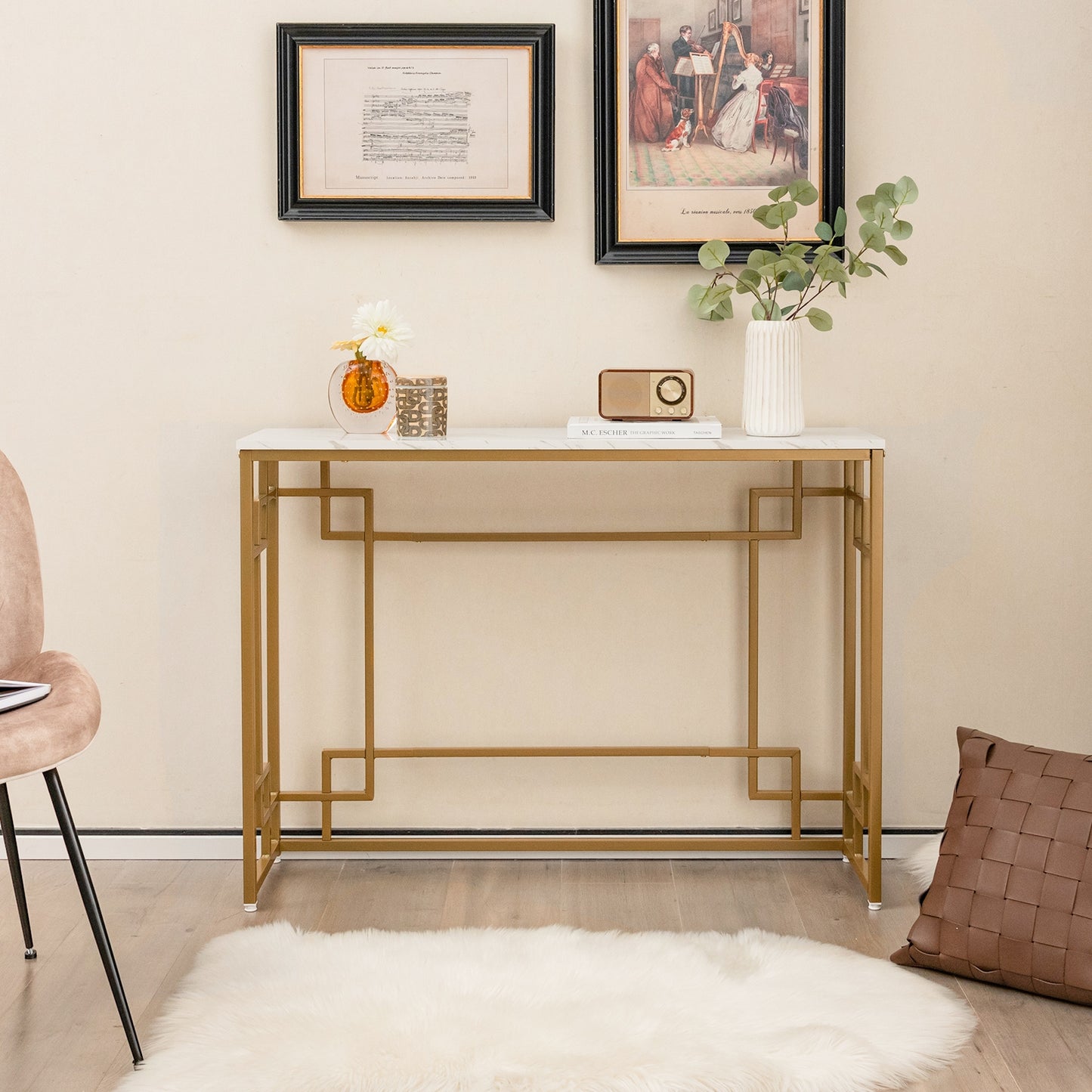 Modern Console Table with Geometric Frame and Faux Marble Tabletop-White, Fully Assembled