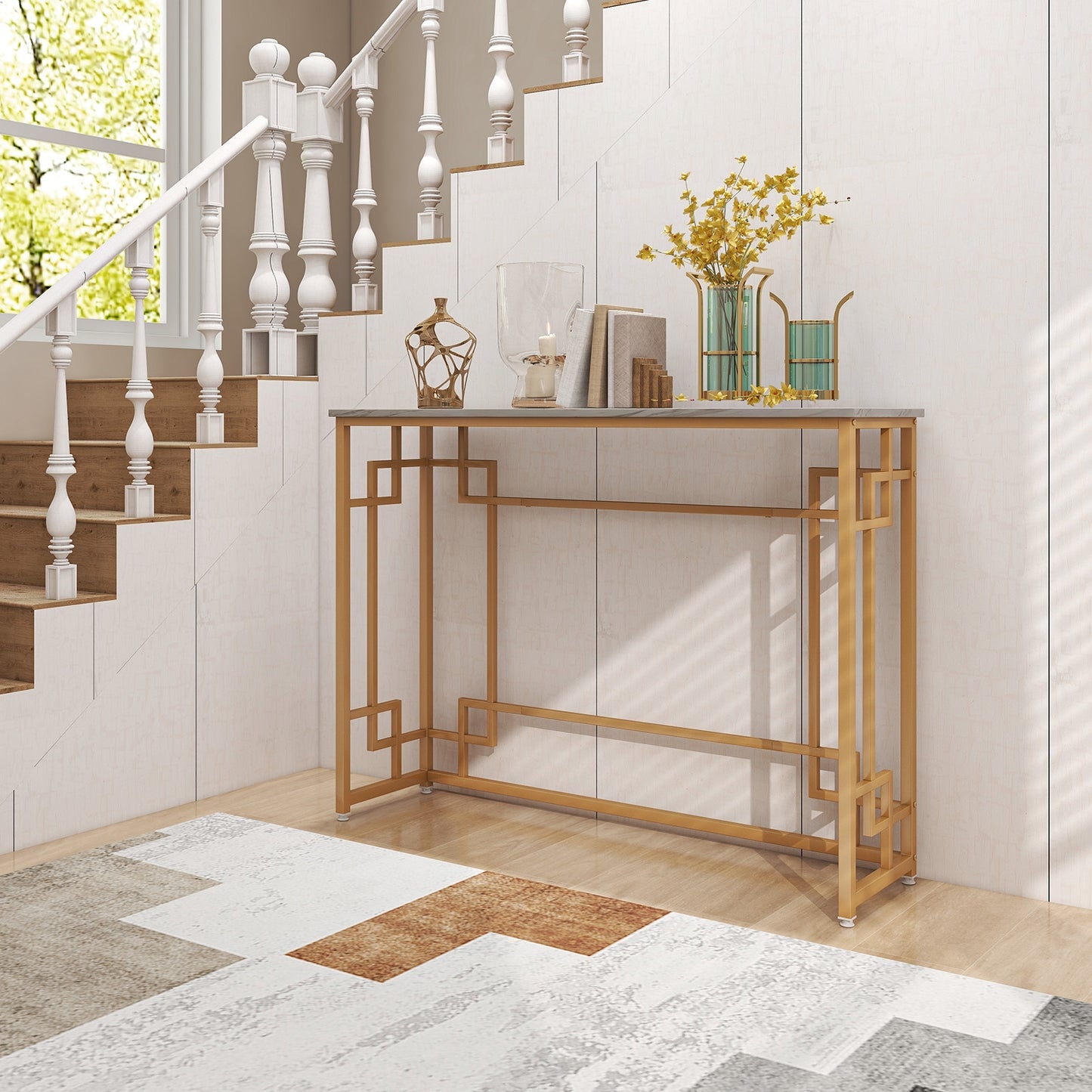 Modern Console Table with Geometric Frame and Faux Marble Tabletop-White, Fully Assembled