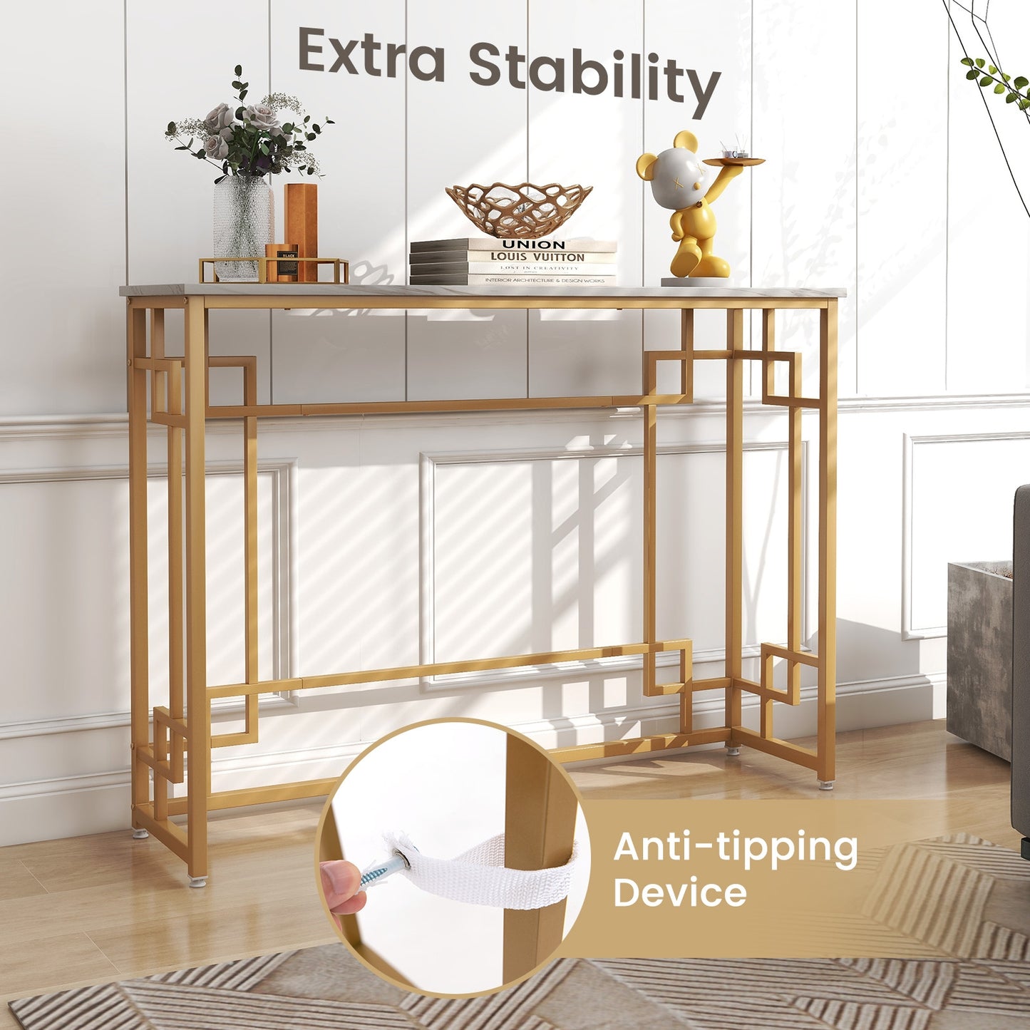 Modern Console Table with Geometric Frame and Faux Marble Tabletop-White, Fully Assembled