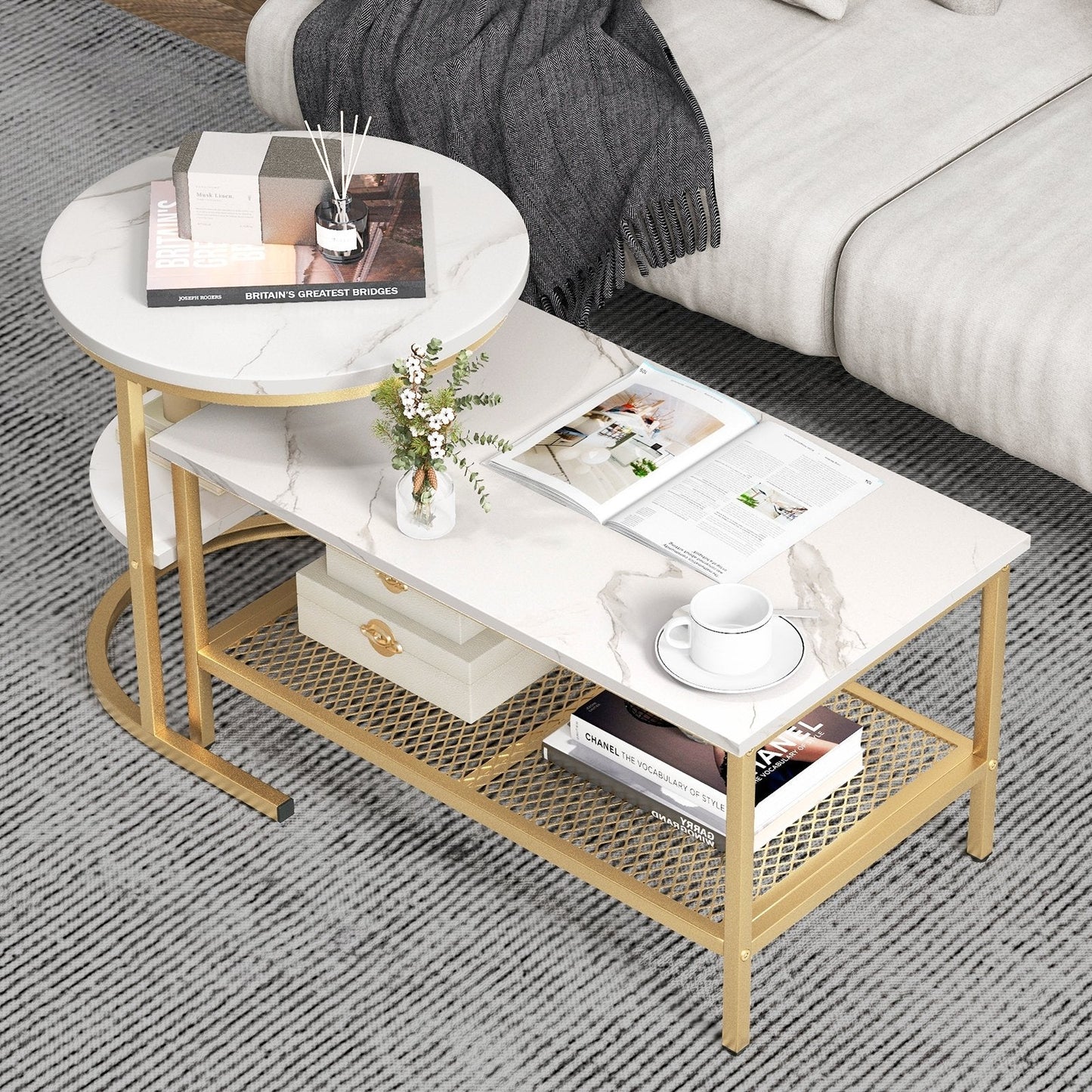 Set of 2 Nesting Coffee Table with Extra Storage Shelf for Living Room-Golden (Assembled)
