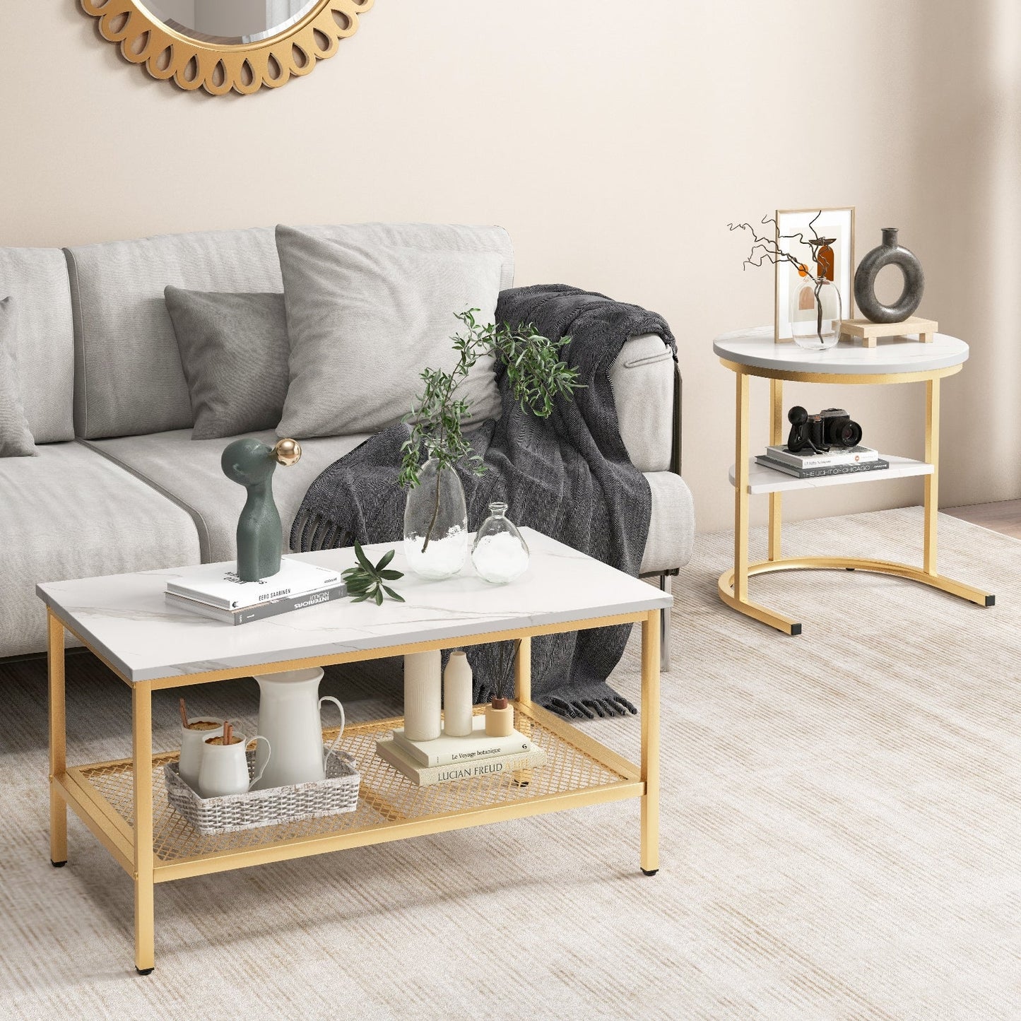 Set of 2 Nesting Coffee Table with Extra Storage Shelf for Living Room-Golden (Assembled)