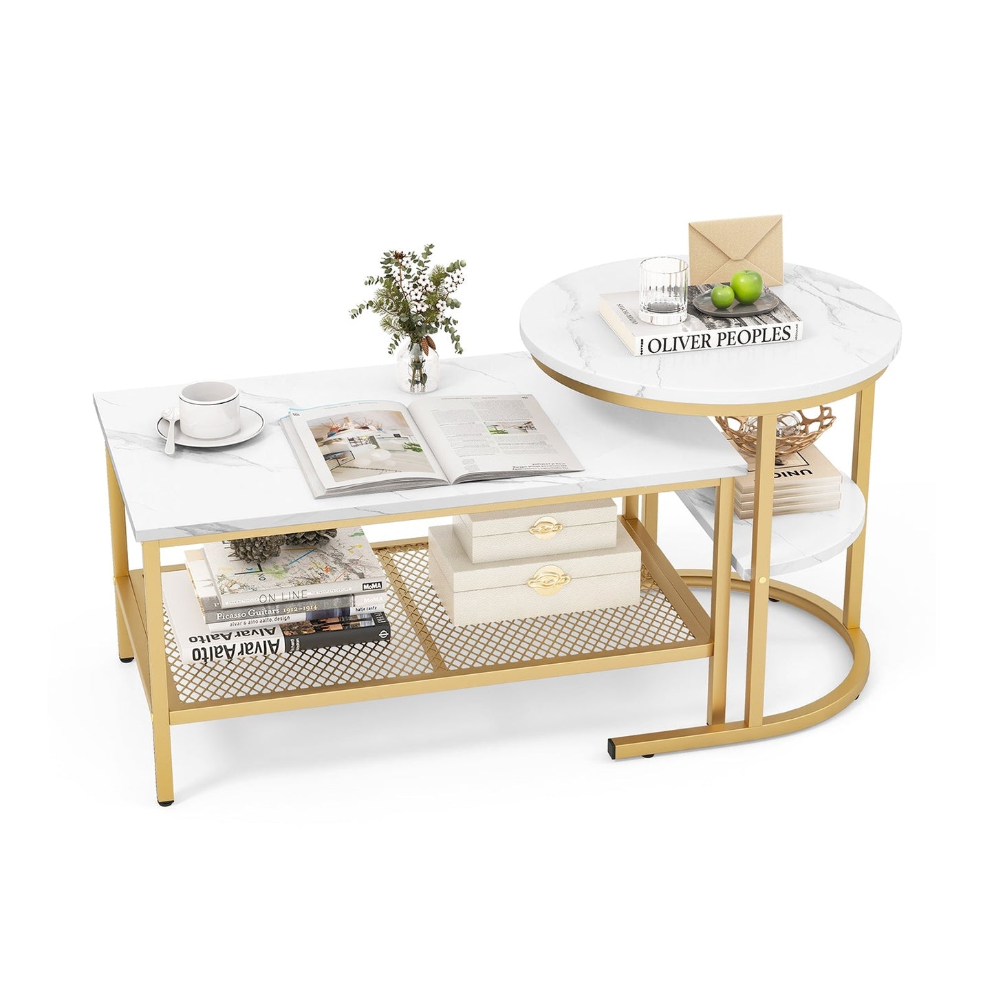 Set of 2 Nesting Coffee Table with Extra Storage Shelf for Living Room-Golden (Assembled)