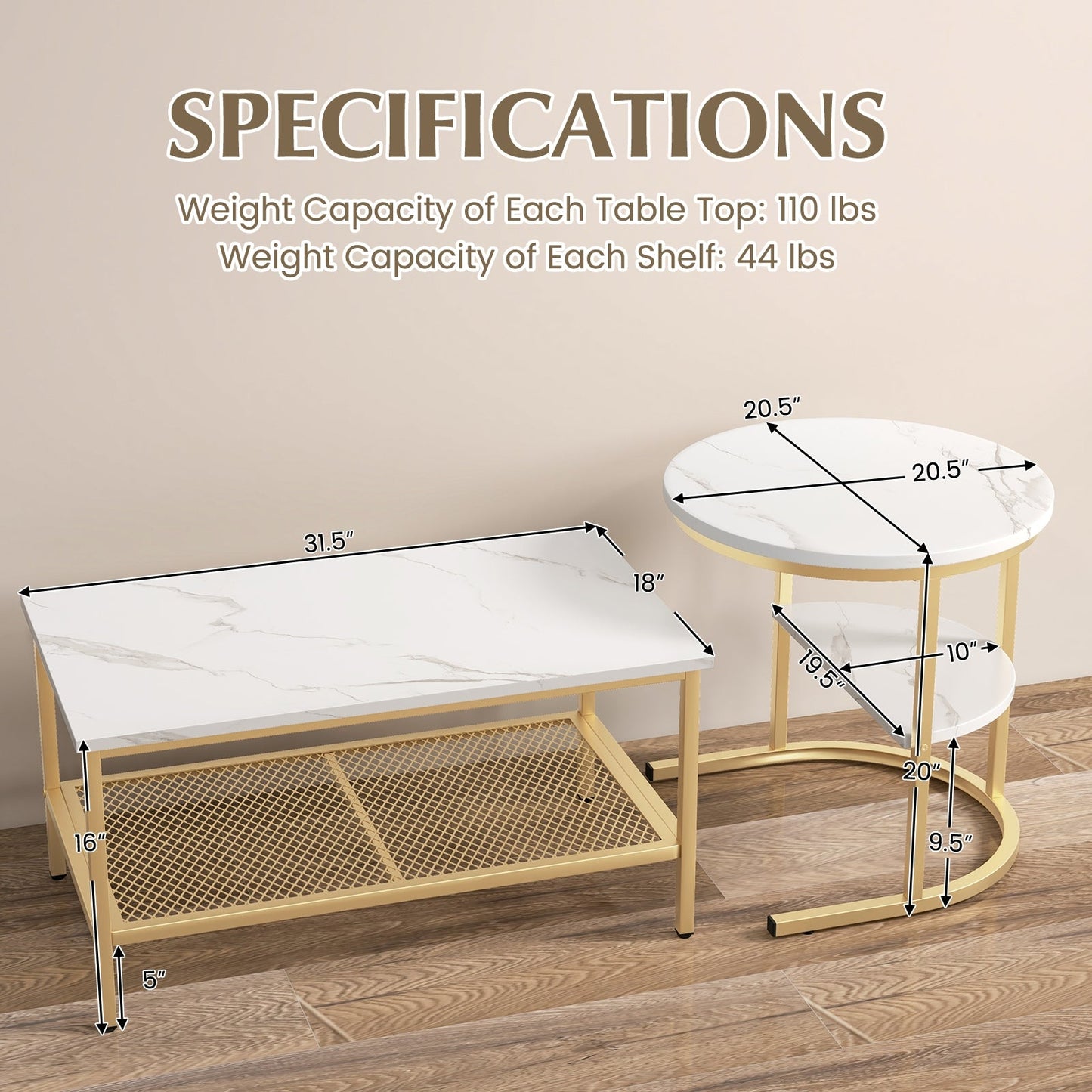 Set of 2 Nesting Coffee Table with Extra Storage Shelf for Living Room-Golden (Assembled)