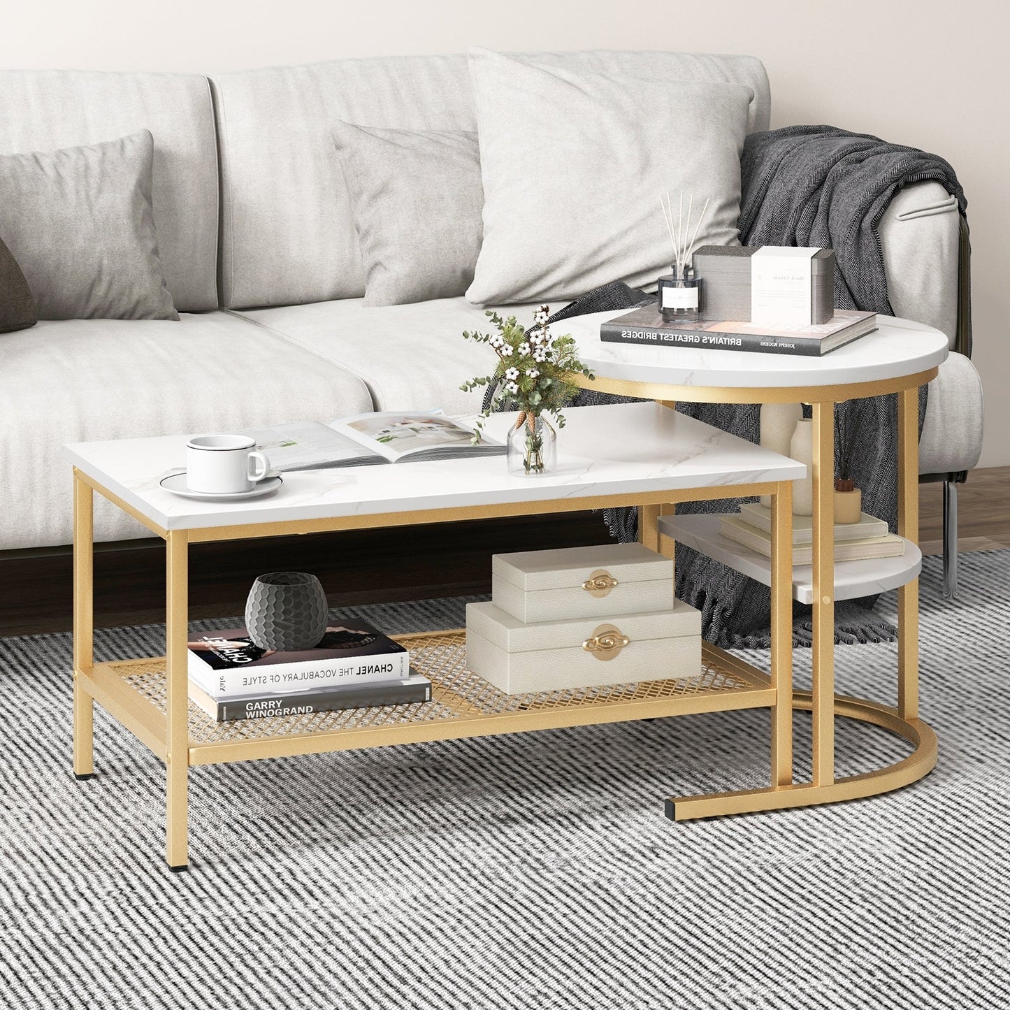 Set of 2 Nesting Coffee Table with Extra Storage Shelf for Living Room-Golden (Assembled)