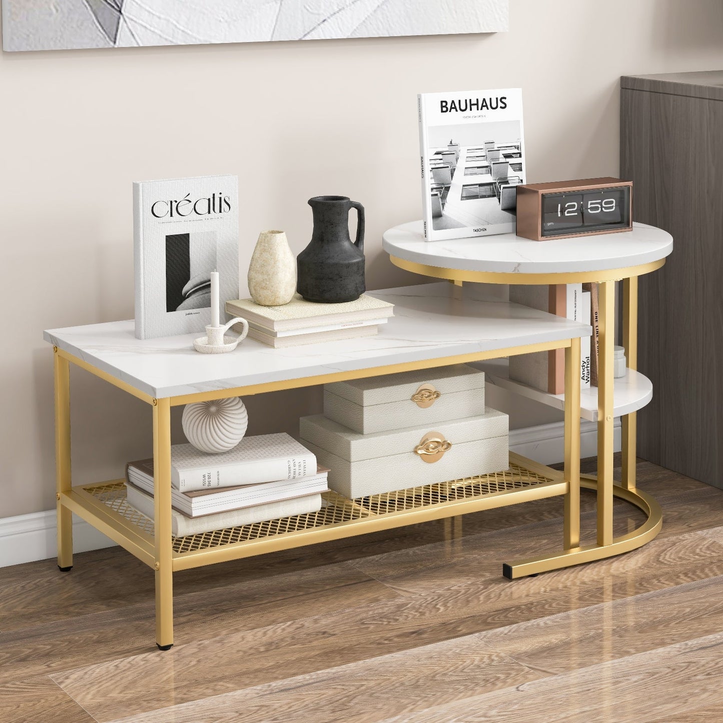 Set of 2 Nesting Coffee Table with Extra Storage Shelf for Living Room-Golden (Assembled)