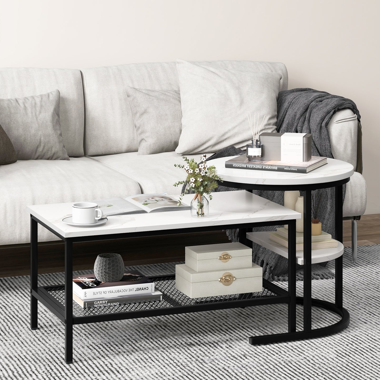 Set of 2 Nesting Coffee Table with Extra Storage Shelf for Living Room - Fully Assembled